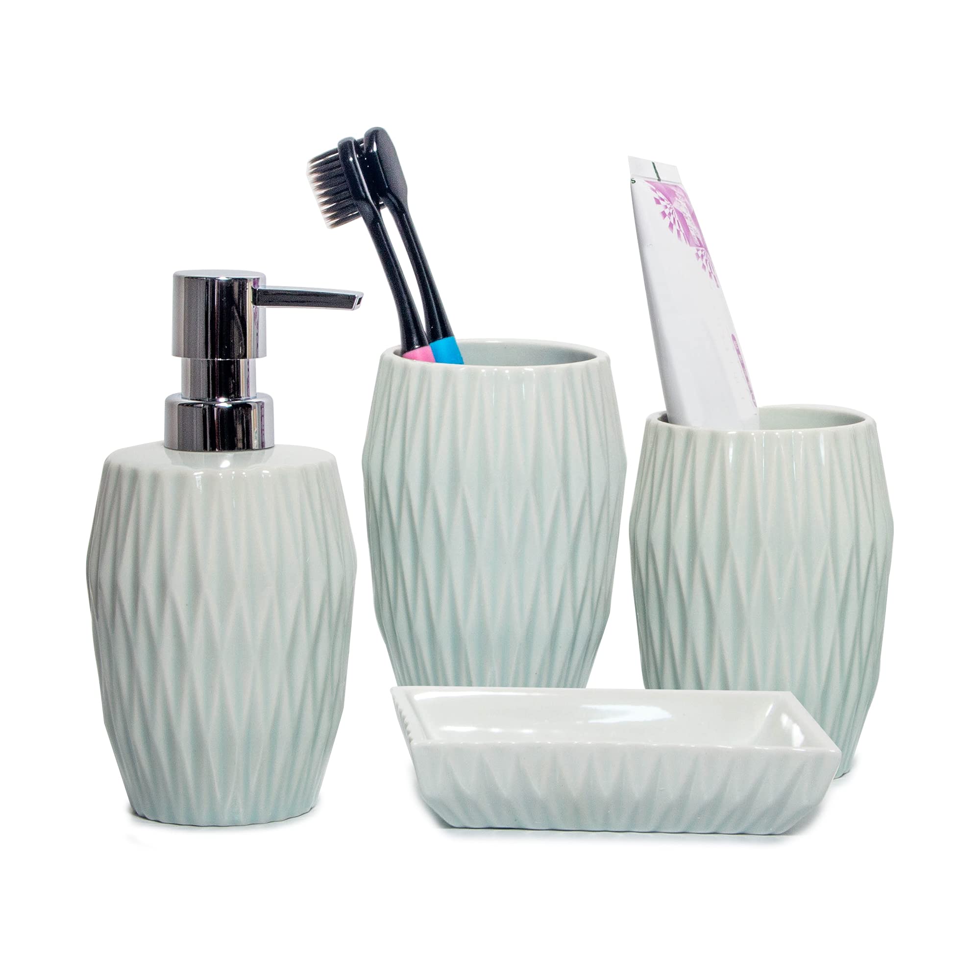 Premium 4-Piece Marble Bathroom Accessories Set - Toothbrush Holder, Soap Dispenser, Tumbler & Soap Dish | Elegant Vanity Countertop Organizer for Modern Bathroom Decor | Perfect for Home, Hotel & Spa Settings