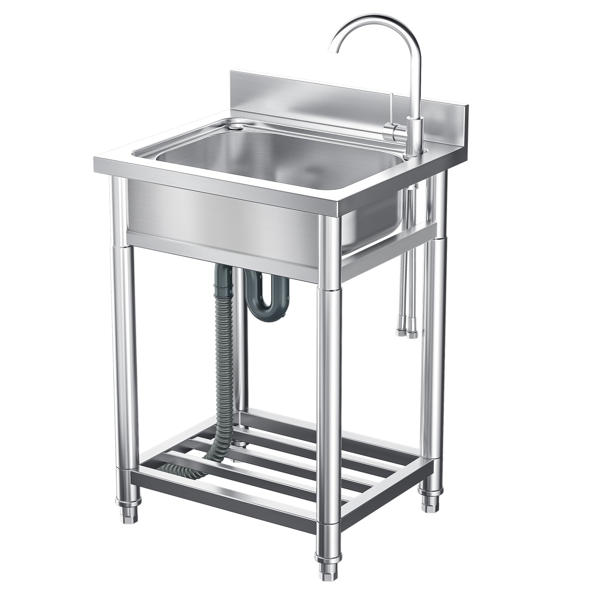 Premium Stainless Steel Kitchen Sink with Hot & Cold Water Pipes - Freestanding Single Bowl Sink with Storage Shelves (21.7 Inch) - Ideal for Home Kitchens, RV Camping & Outdoor Cooking - Perfect for Small Spaces, Tiny Homes, and Backyard BBQ Areas
