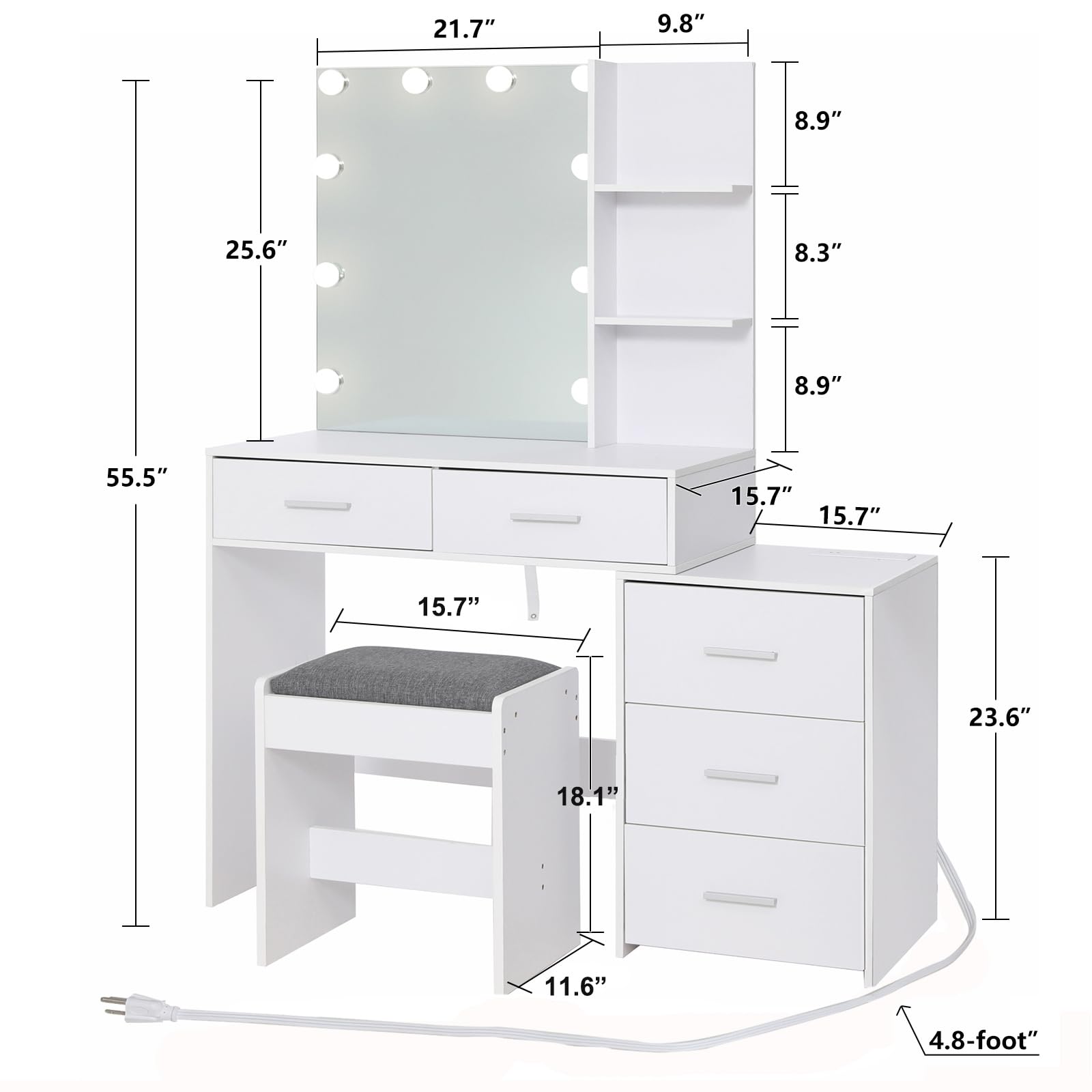 USIKEY Large Vanity Desk with Mirror & 10 LED Lights - Makeup Dressing Table with Power Strip, Storage Shelves & 5 Drawers - Vanity Set with Cushioned Stool for Women & Girls (White) - Perfect for Bedroom, Dorm Room & Beauty Salon Makeup Organization