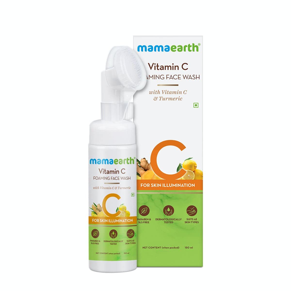 Mamaearth Vitamin C Face Wash with Foaming Silicone Cleanser Brush - 150ml | Powered by Vitamin C & Turmeric for Glowing Skin | Perfect for Daily Skincare Routine & Acne-Prone Skin