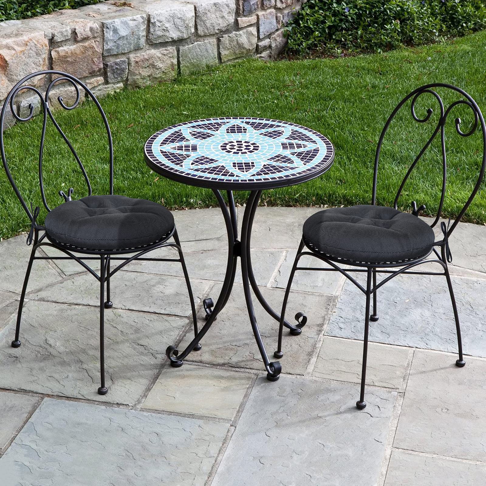 Outdoor Round Bistro Chair Cushions - 18 Inch Waterproof Seat Cushions with Adjustable Ties for Patio, Garden & Dining Chairs - Set of 2 Black Cushions for Comfortable Outdoor Seating