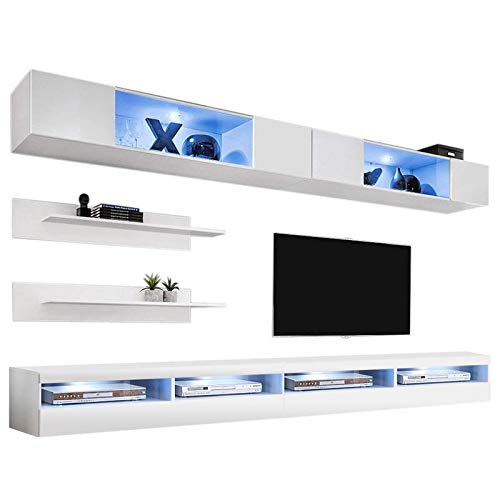 Modern White Wall-Mounted TV Stand with Storage Shelves & LED Lights - I3 35TV Entertainment Center Console for Bedroom & Living Room - Perfect for Small Spaces, Home Theater Setup and Stylish Home Decor