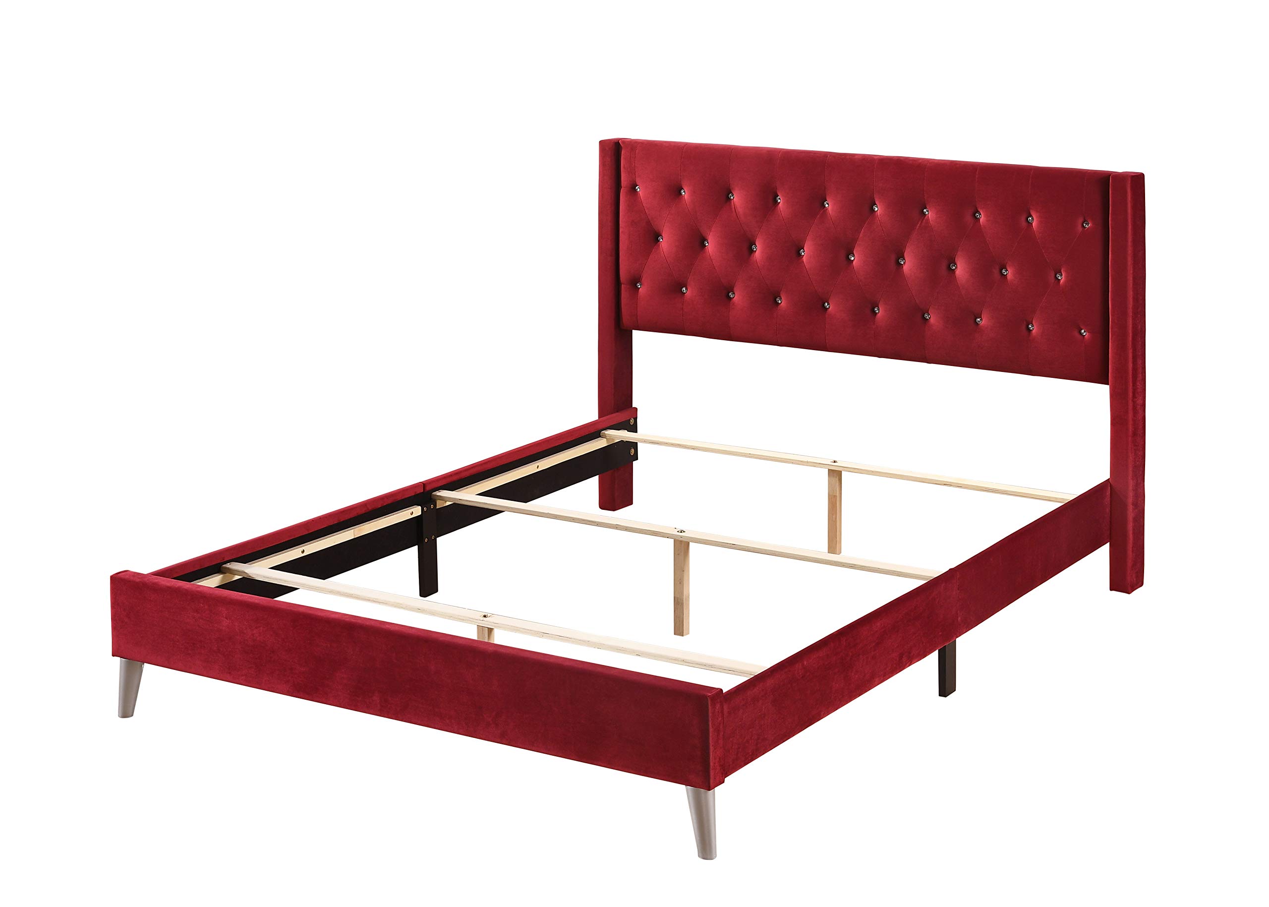Carell Furniture Modern Velvet Upholstered Full Bed in Cherry - Luxurious Bedroom Furniture for Master Bedroom & Guest Room