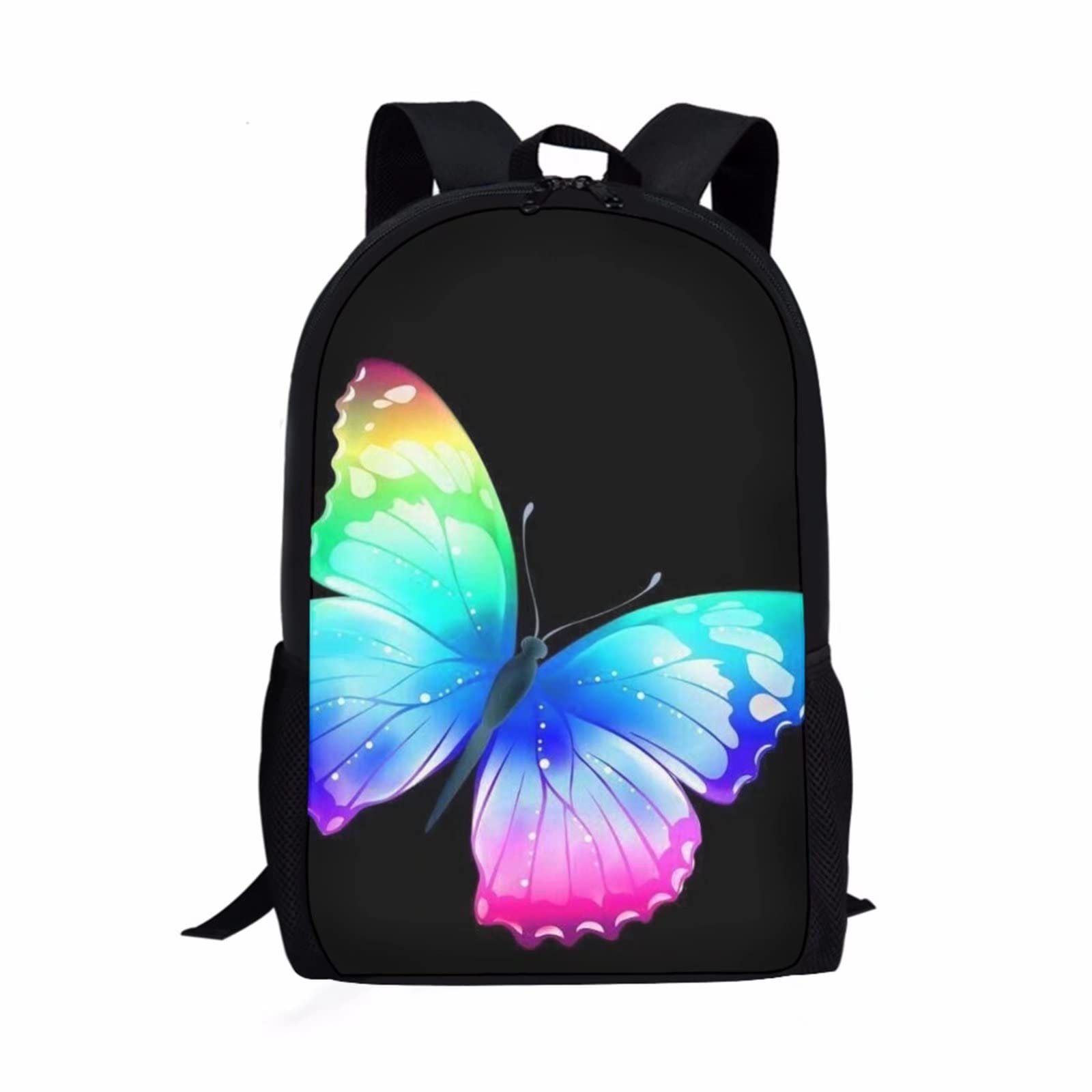 Colorful Butterfly Print 17 Inch Lightweight Laptop Backpack for Kids & Teens - School Book Bag with Black Background, Perfect for School, Travel, and Daily Use