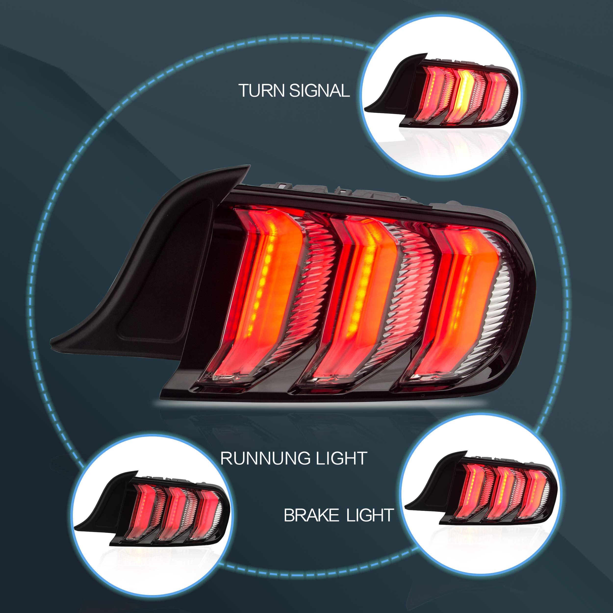 VLAND LED Tail Lights Assembly for 2015-2020 Ford Mustang 6th Gen - Plug & Play, 5 Lighting Modes, Clear Lens - Upgrade Your Mustang's Style & Safety for Night Driving & Car Shows