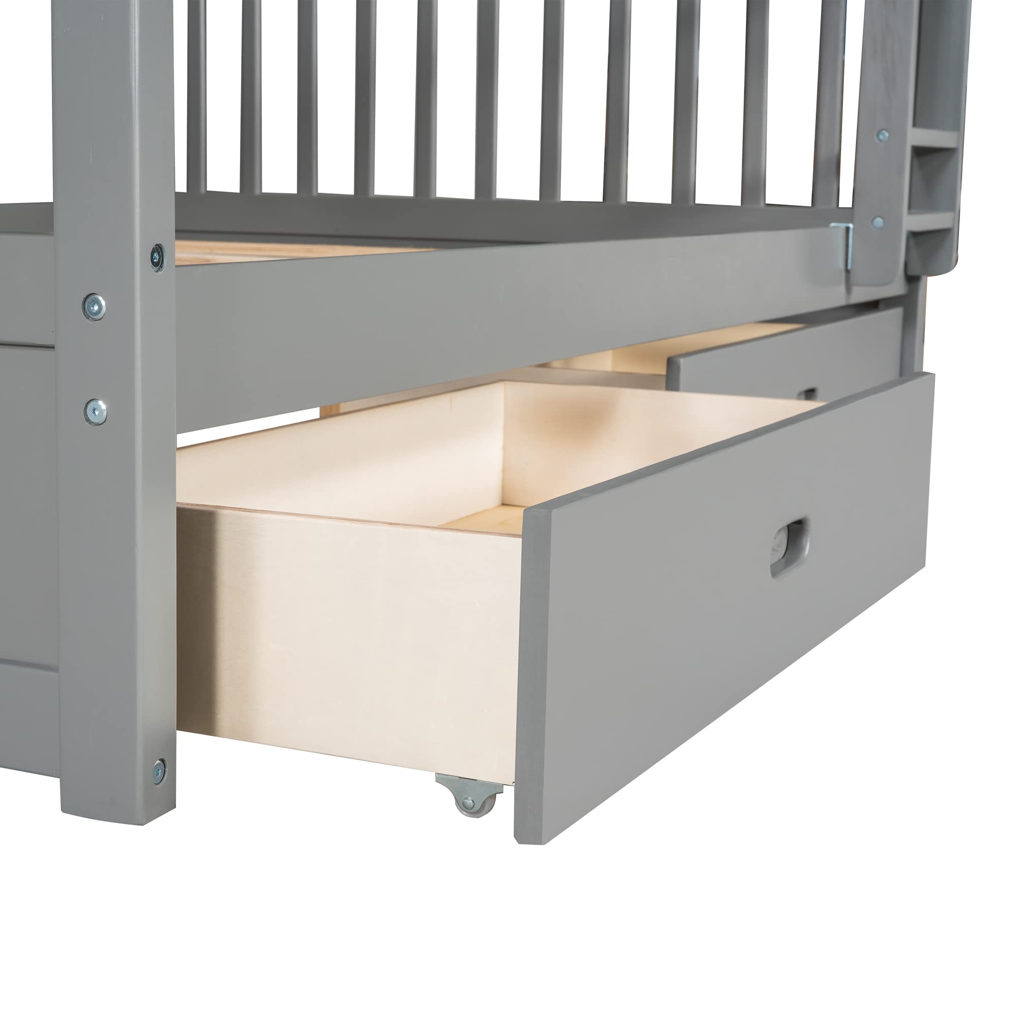 Harper & Bright Designs Full Over Full Bunk Bed with 2 Drawers - Solid Wood Platform Bed with Ladder, Full Length Guardrail & Headboard - No Box Spring Needed - Grey - Space Saving Kids Bedroom Furniture for Siblings or Sleepovers