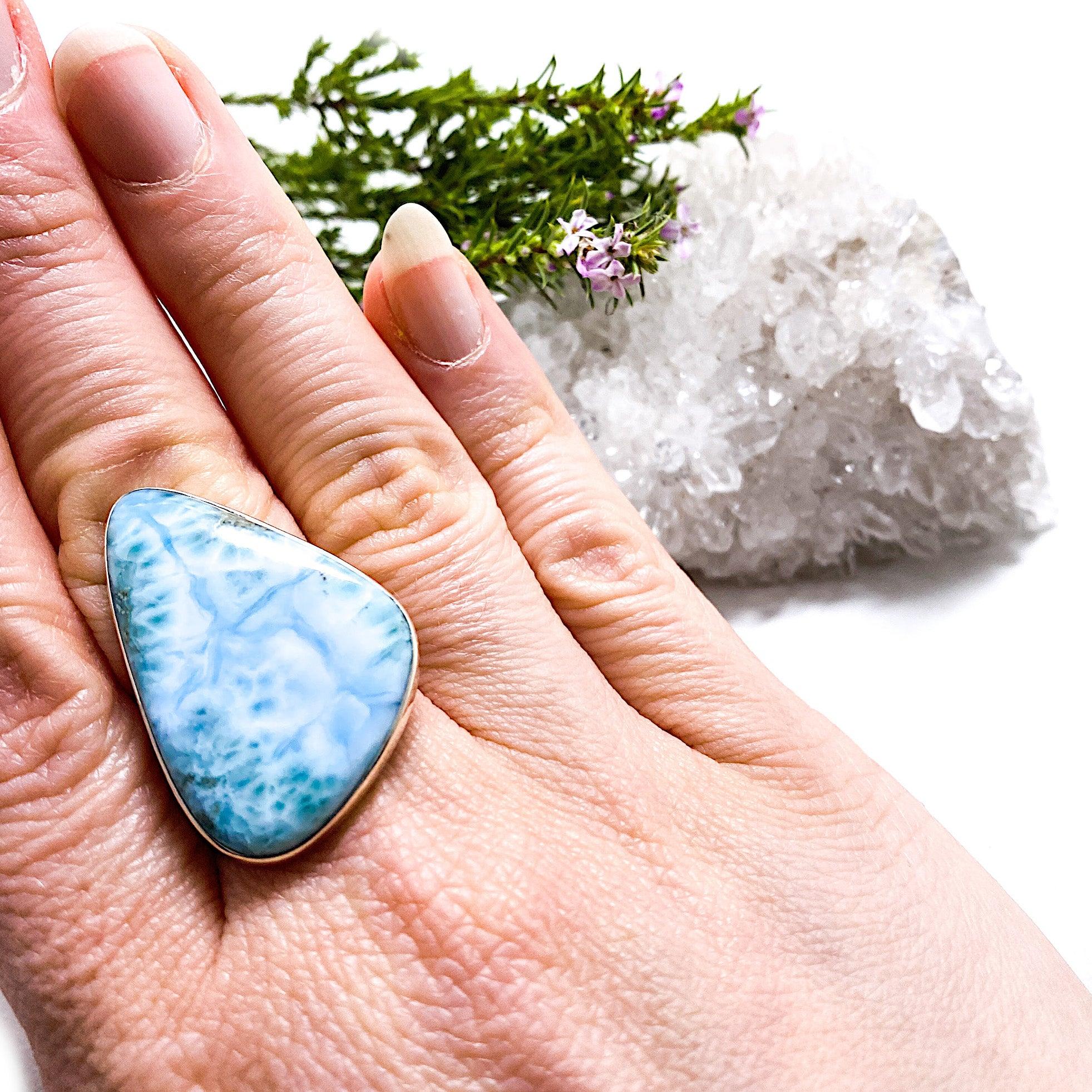 Larimar Freeform Cabochon Ring with Split Band - Size 10 (KRGJ1399) | Handmade Jewelry for Women, Boho Chic Accessory, Perfect for Beach Weddings & Everyday Wear