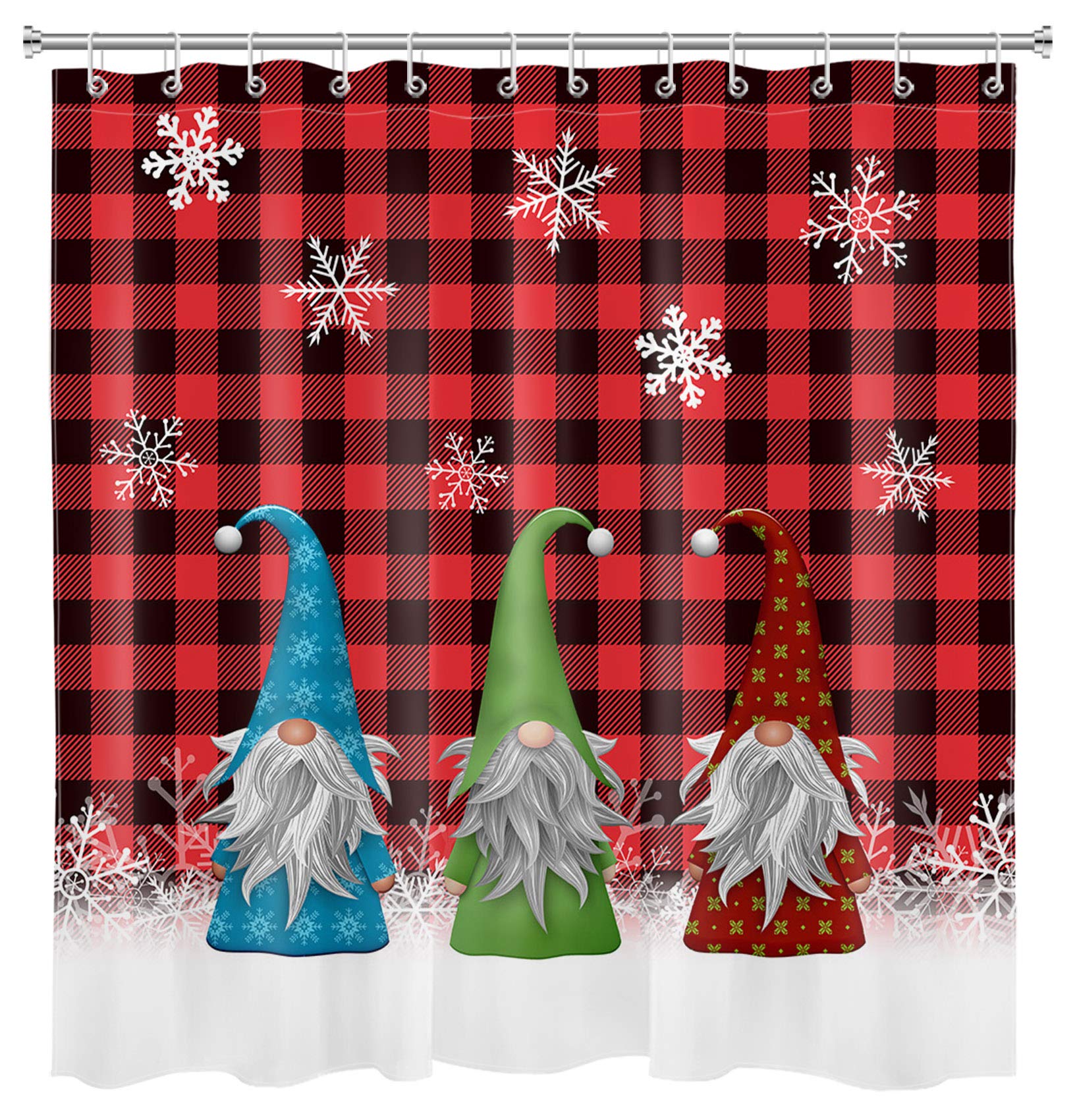 Christmas Gnome Shower Curtain Set - Red & Black Plaid Xmas Bathroom Decor with Snowflake Pattern - Waterproof Washable Fabric Bath Curtain 72x72 Inch - Perfect for Holiday Bathroom Decorations and Winter Home Styling