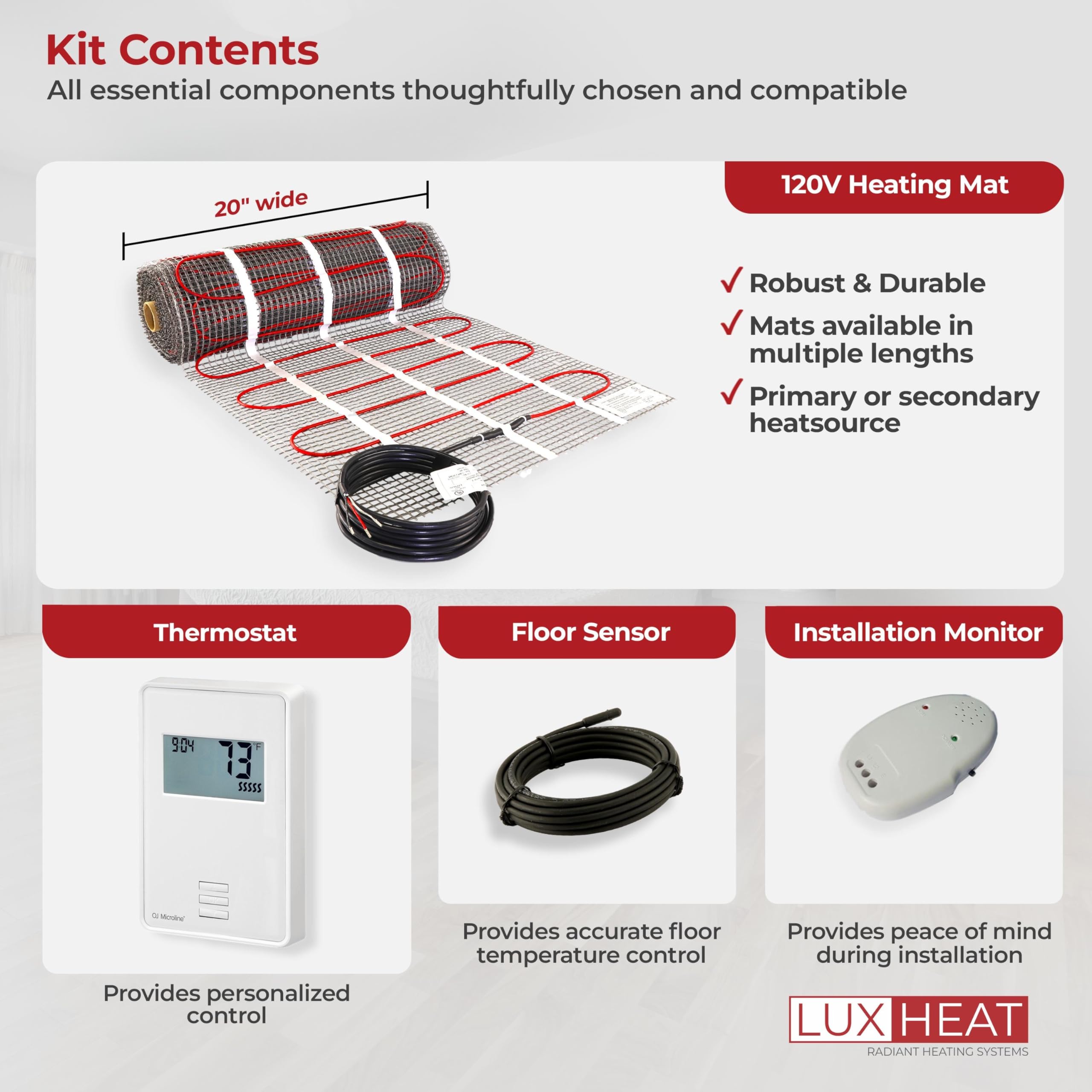 20 Sqft Electric Radiant Floor Heating Mat Kit - 120V Underfloor Heating System for Tile & Laminate Floors - Includes Heating Mat, Alarm, UTN4 OJ Microline Non-Programmable Thermostat with GFCI & Sensor - Perfect for Bathroom, Kitchen & Basement Floor Warming