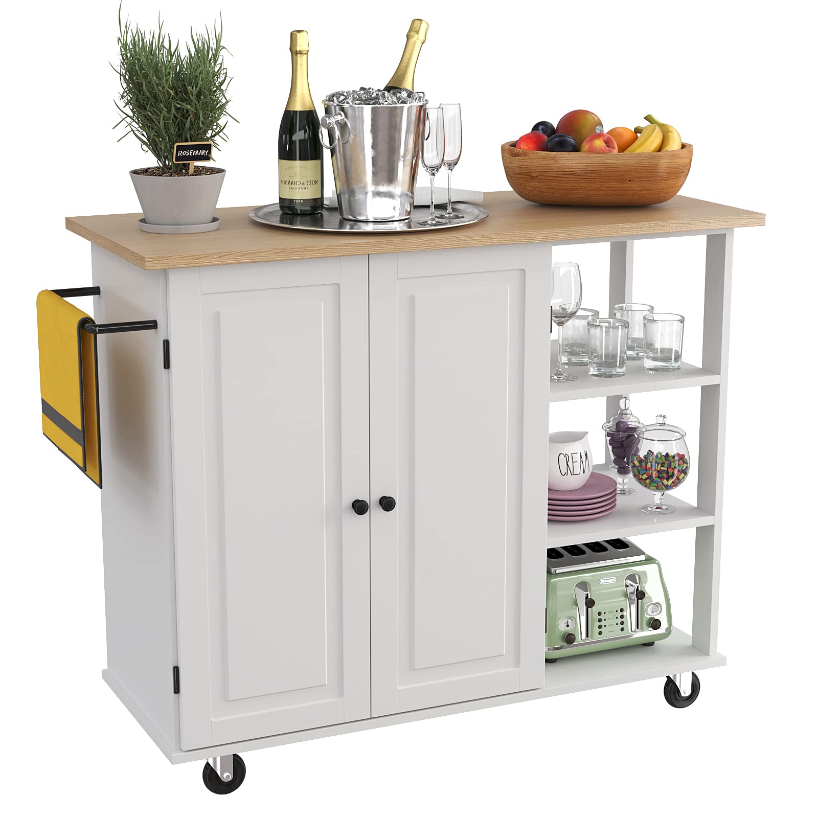 JURTNY White Kitchen Island on Wheels with Waterproof Wooden Tabletop, Storage Cabinet, Towel Rack & 3 Open Shelves - Perfect Trolley for Dining Room, Small Kitchen, and Apartment Living