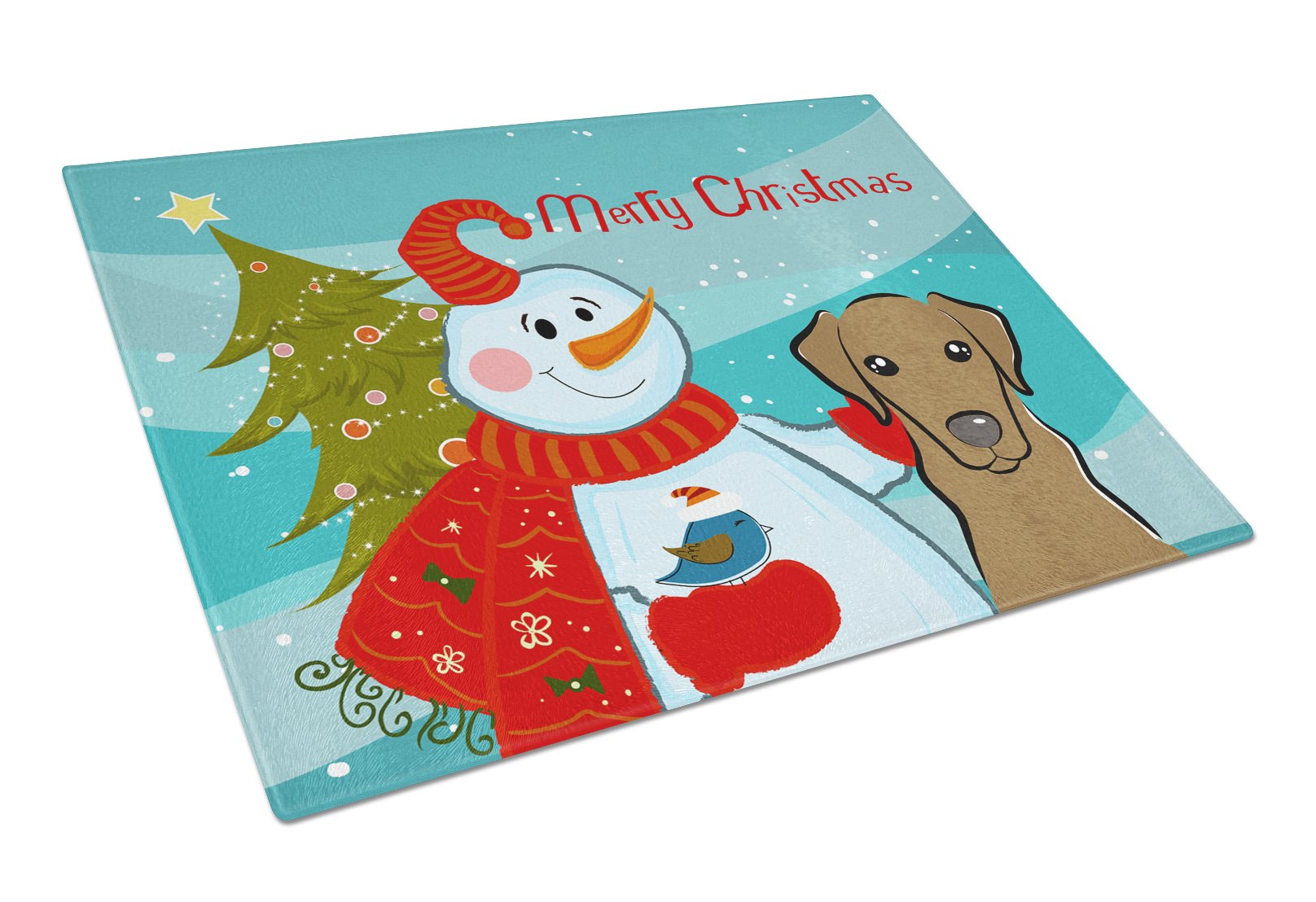 Snowman with Chocolate Labrador Tempered Glass Cutting Board - Large Decorative Kitchen Chopping & Serving Board for Holiday Entertaining & Food Prep | Durable, Scratch-Resistant Surface