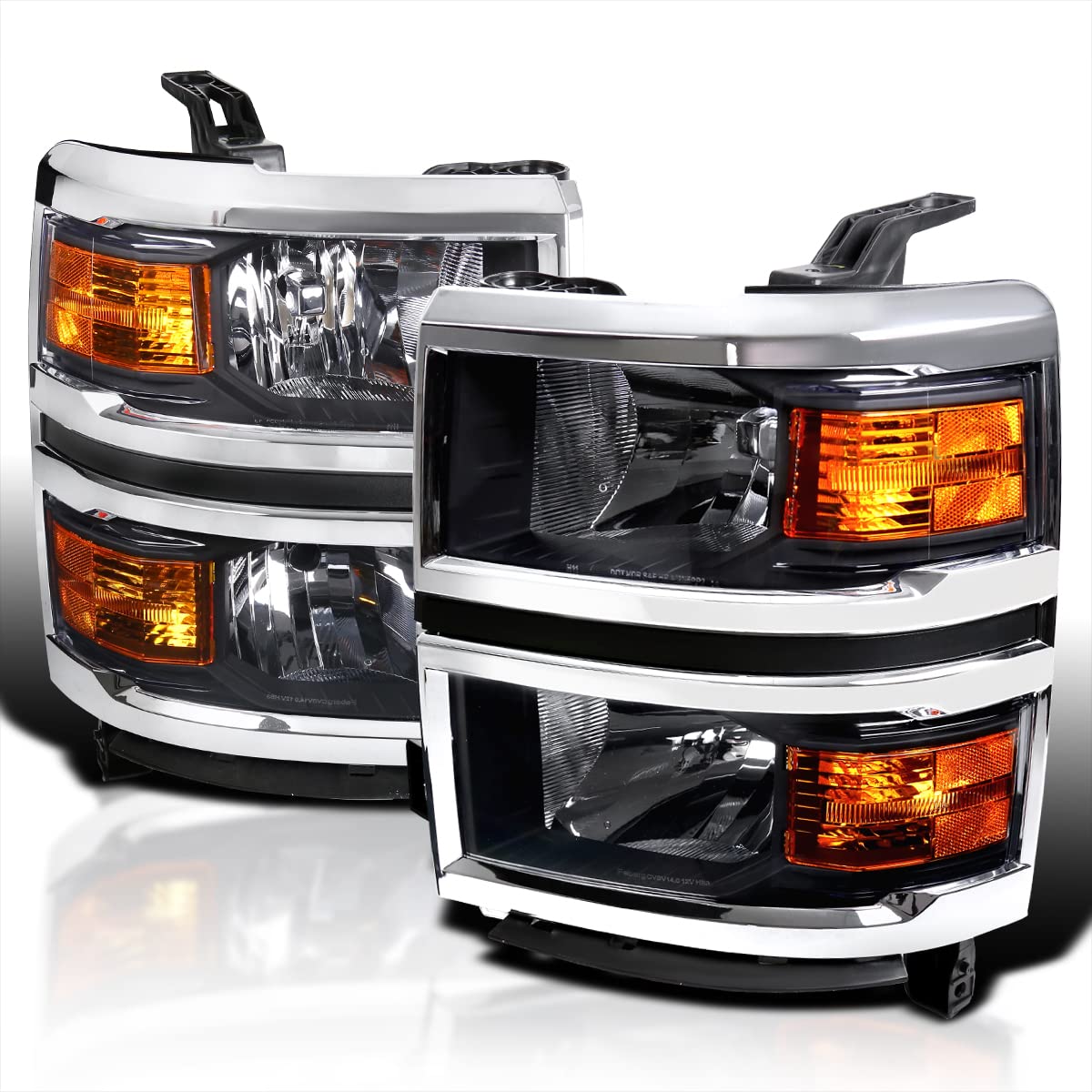 Spec-D Tuning Black Headlights with Chrome Trim for 2014-2015 Chevy Silverado 1500 - Left & Right Pair Headlight Assembly | Upgrade Your Truck's Style & Night Visibility
