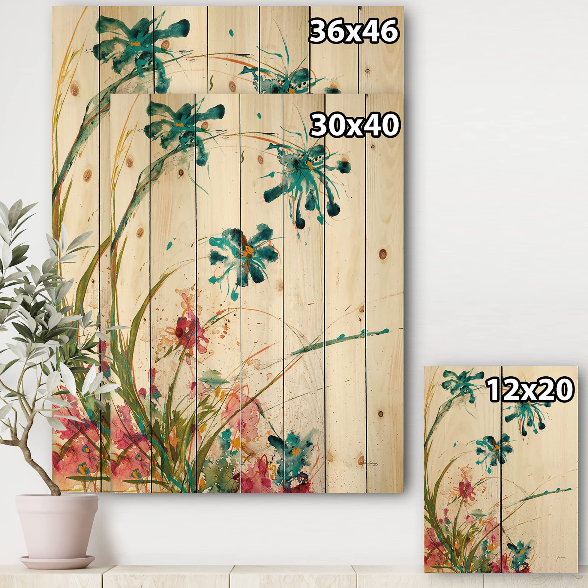 Blue Abstract Floral Wood Wall Decor - Farmhouse Style Pine Art for Living Room