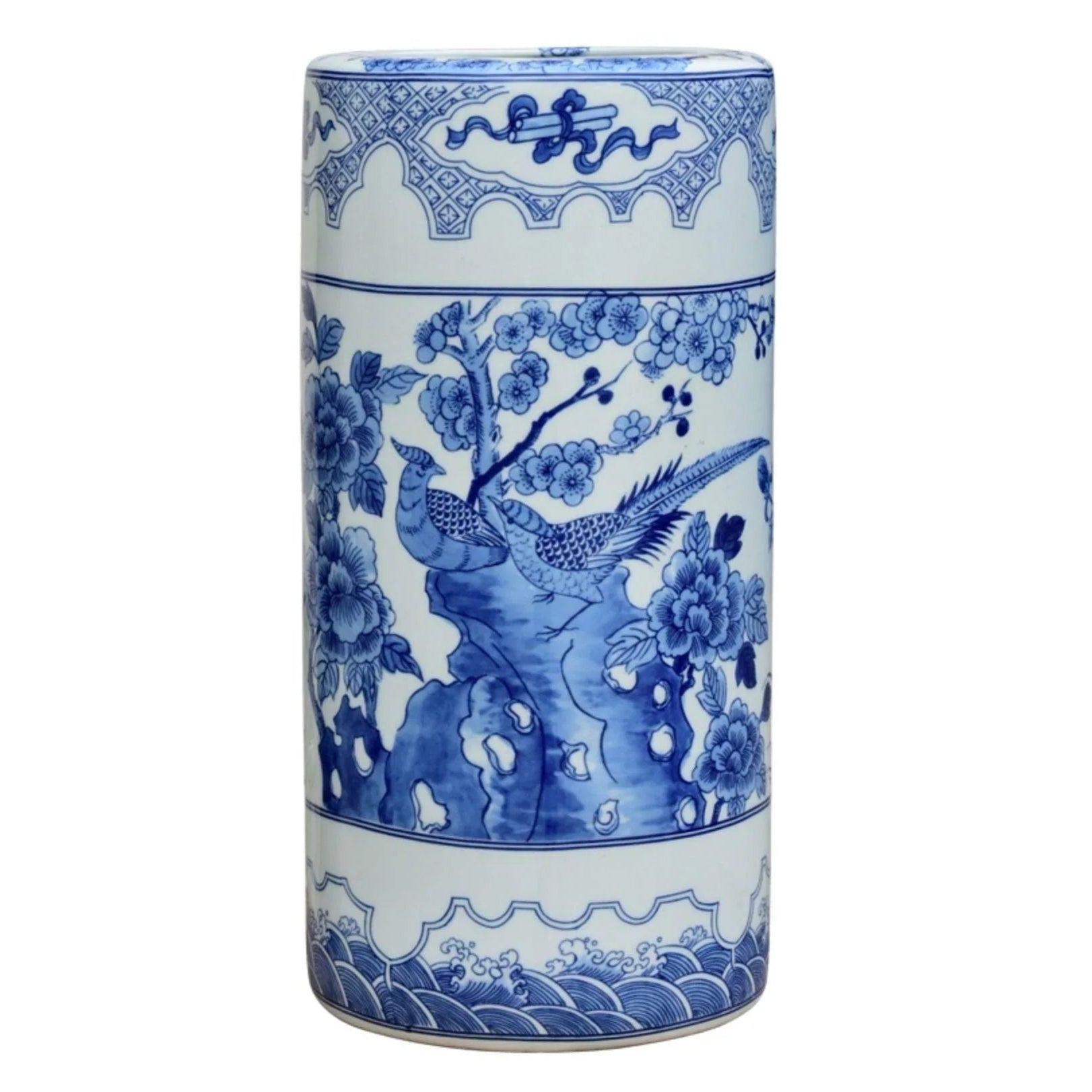 Vintage Chinoiserie Porcelain Umbrella Stand - Hand-Painted Floral Design Waterproof Holder for Entryway, Hallway & Garden Decor