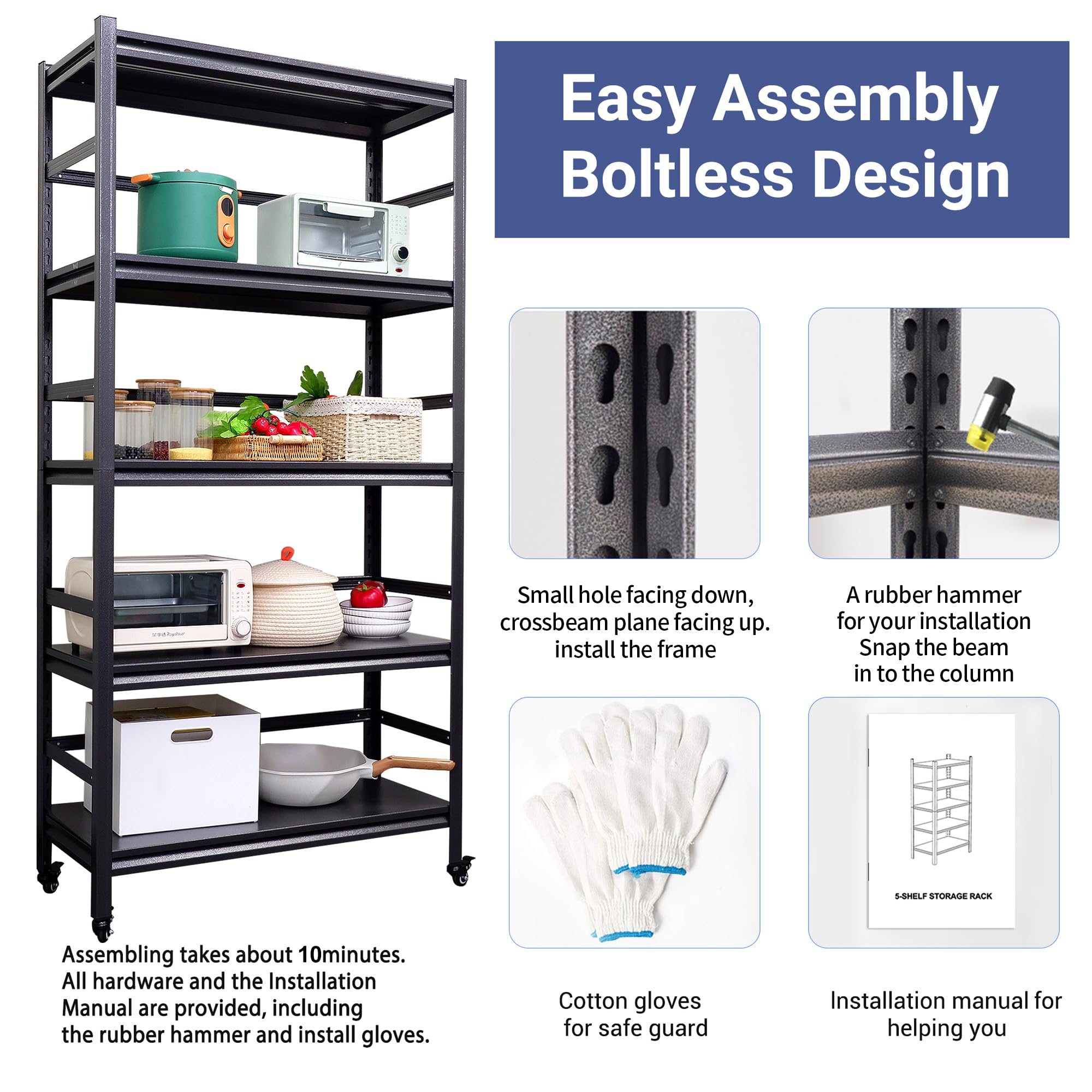 Heavy Duty 5-Tier Metal Storage Shelf with Wheels - 72