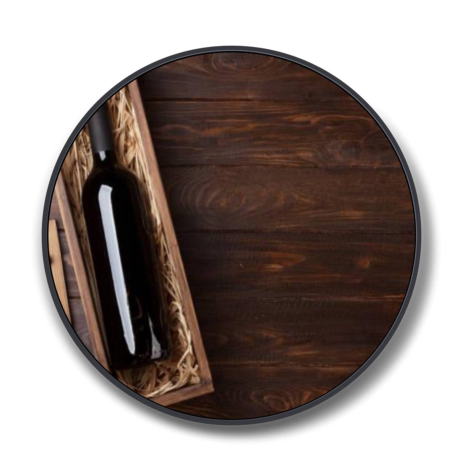 Red Wine Bottle in Box Round Framed Canvas Wall Art - 24 Inch Black Frame Ready to Hang - Perfect for Bedroom & Living Room Decor | Elegant Home Office & Dining Room Wall Art