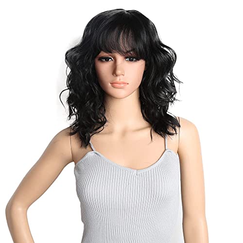 Short Curly Bob Wigs for Women - Black Wavy Synthetic Hair Wig with Bangs | Shoulder Length Medium Wig for Daily Use, Party & Cosplay | Natural Looking Human Hair Replacement (1B) | Perfect for Halloween, Costume Parties & Everyday Fashion
