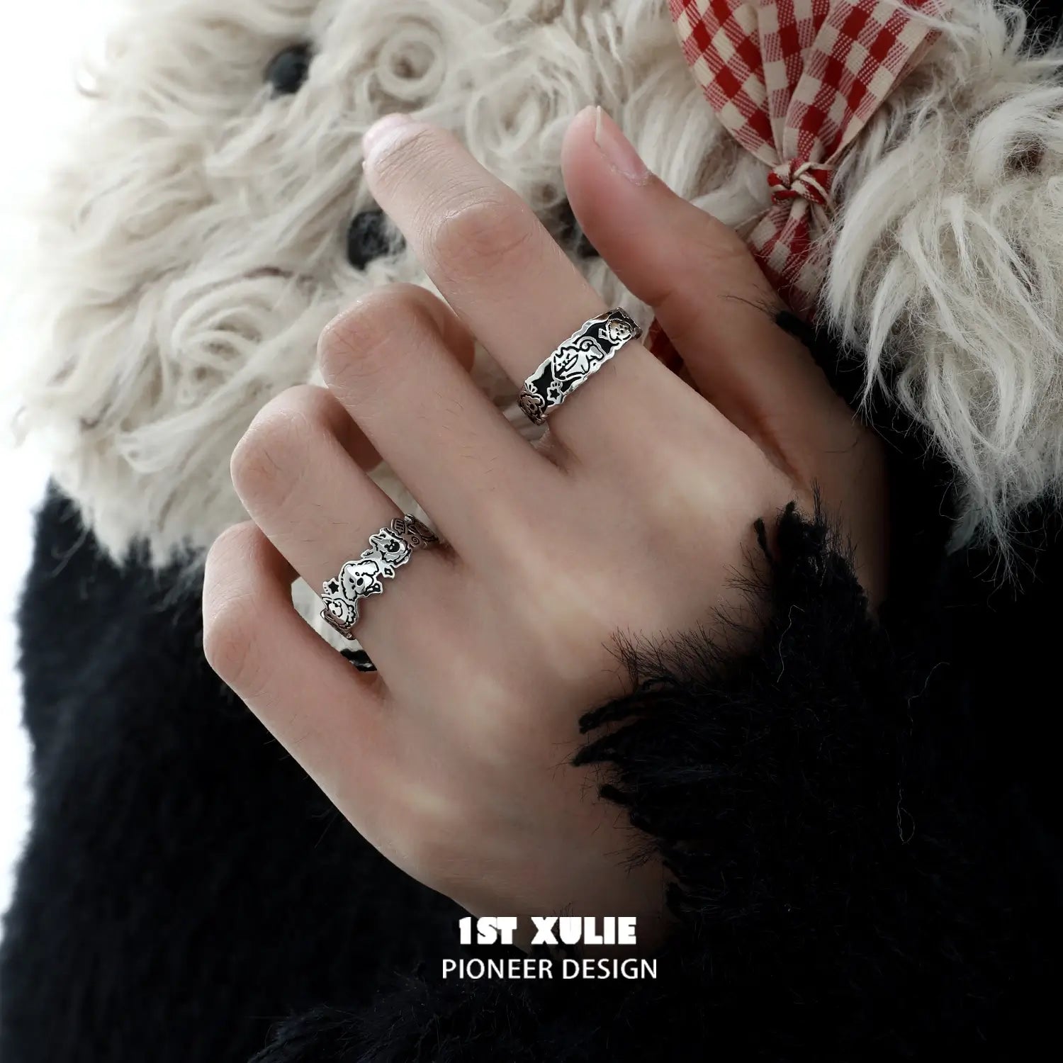 Graffiti Puppy S925 Sterling Silver Happy Dog Ring for Women - Trendy Animal Jewelry Gift for Dog Lovers, Perfect for Daily Wear & Special Occasions