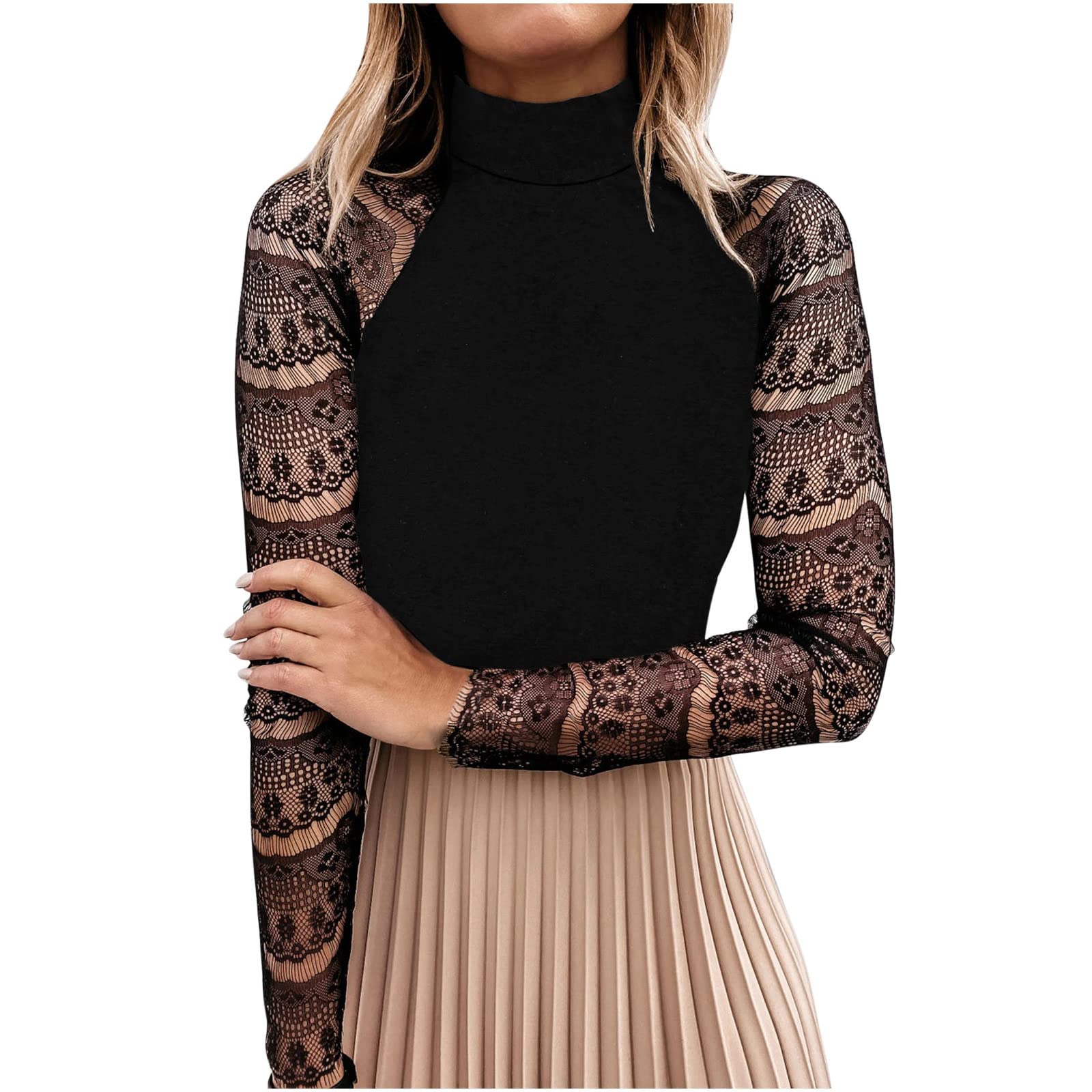 Women's Sheer Mesh Long Sleeve Turtleneck Top - Slim Fit Solid Blouse for Work & Office - Elegant Dressy Shirt for Professional & Casual Wear