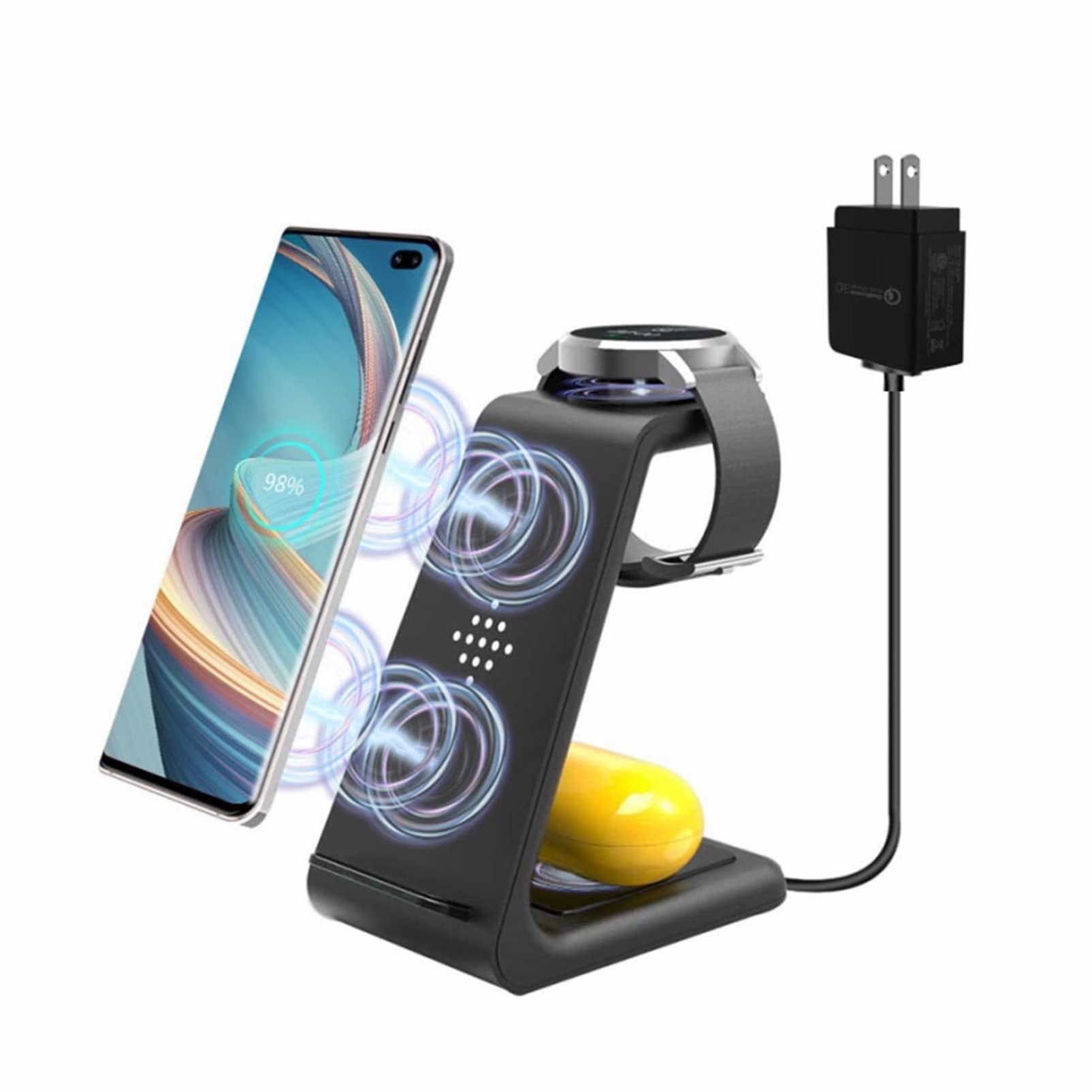 3-in-1 Qi Certified Fast Wireless Charging Station for Samsung Galaxy S20/S9/S8/Note 10 & Galaxy Watch - Portable 3C Light Charger with Power Adapter (Black) - Perfect for Home, Office & Travel Charging