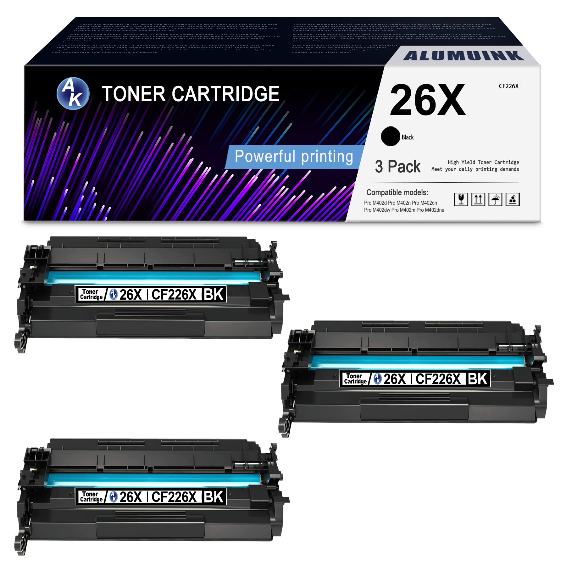 ALUMUINK High-Yield Black Toner Cartridge 3-Pack (CF226X) - Compatible with HP Pro M402n/M402dn/M402d/M402dw/M427dw/M426fdw/M426m Printers - 9,500 Pages Yield - Ideal for Office Printing & High-Volume Document Needs
