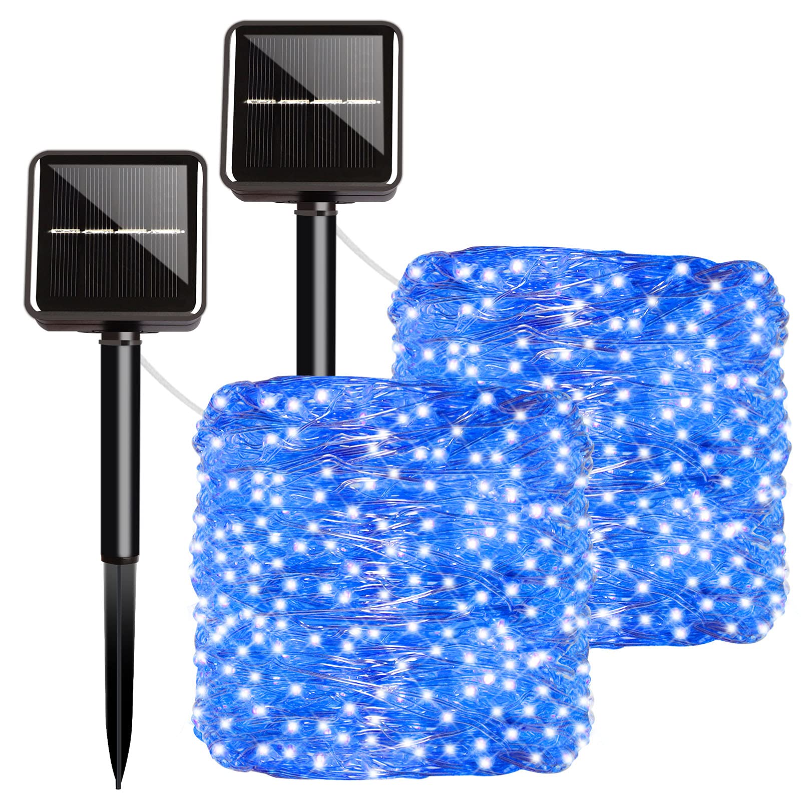 50 LED 17Ft Outdoor Solar String Lights - Super Bright Blue Solar Fairy Lights with 8 Lighting Modes | Waterproof Silver Wire Decorations for Patio, Yard, Garden, Trees | Perfect for Christmas, Wedding, Party, Backyard & Outdoor Events (2 Pack)