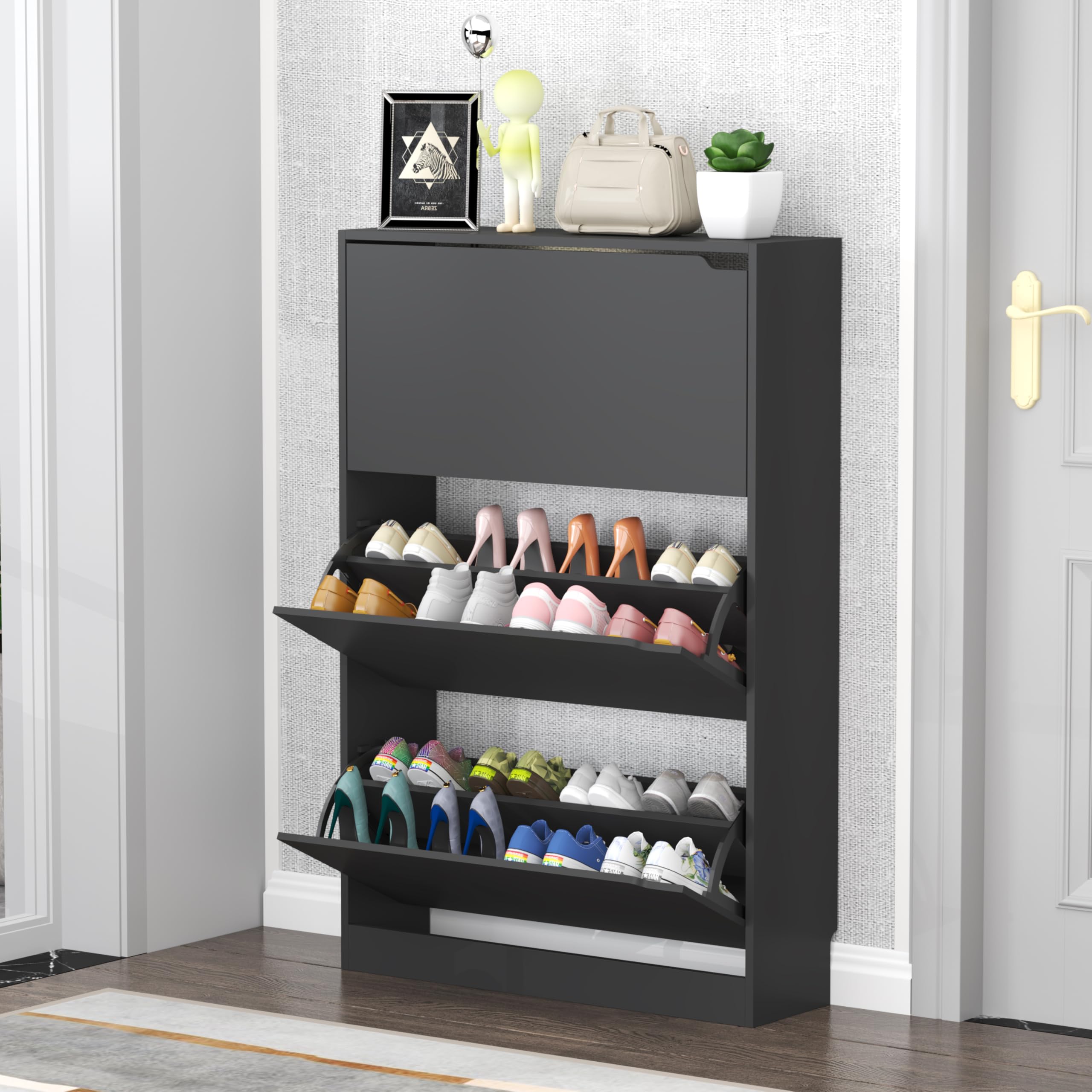 Modern Shoe Cabinet with 3 Flip Drawers - Entryway & Hallway Storage Organizer, Black (9.33