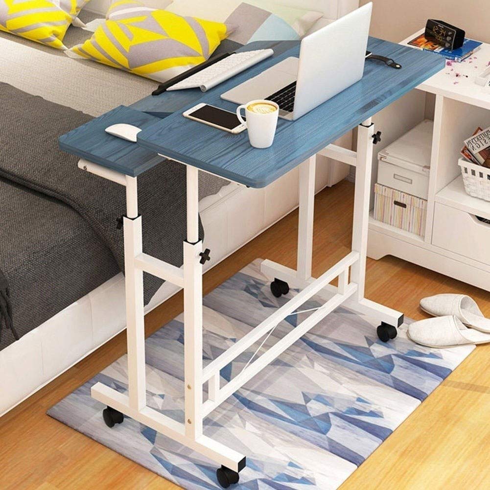 Adjustable Height Sofa Side Table with Wheels - Tilting Overbed Laptop Table, Mobile Workstation for Eating, Working & Reading in Bed (Color: Dark Wood) - Perfect for Home Office, Dorm Room & Hospital Use