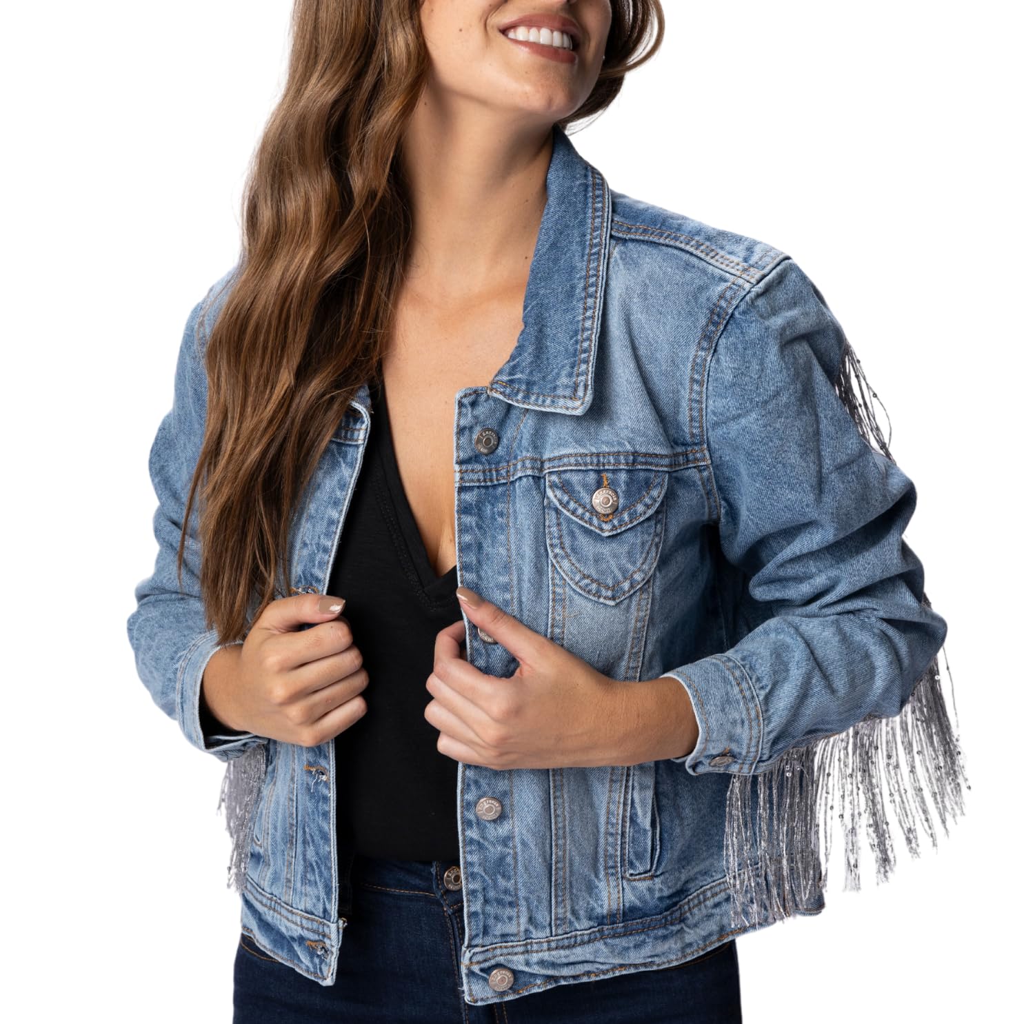 Women's Fringe Denim Jacket with Pockets - Button Up Jean Jacket for Casual Outfits & Boho Style | Perfect for Spring, Fall Layering & Music Festivals
