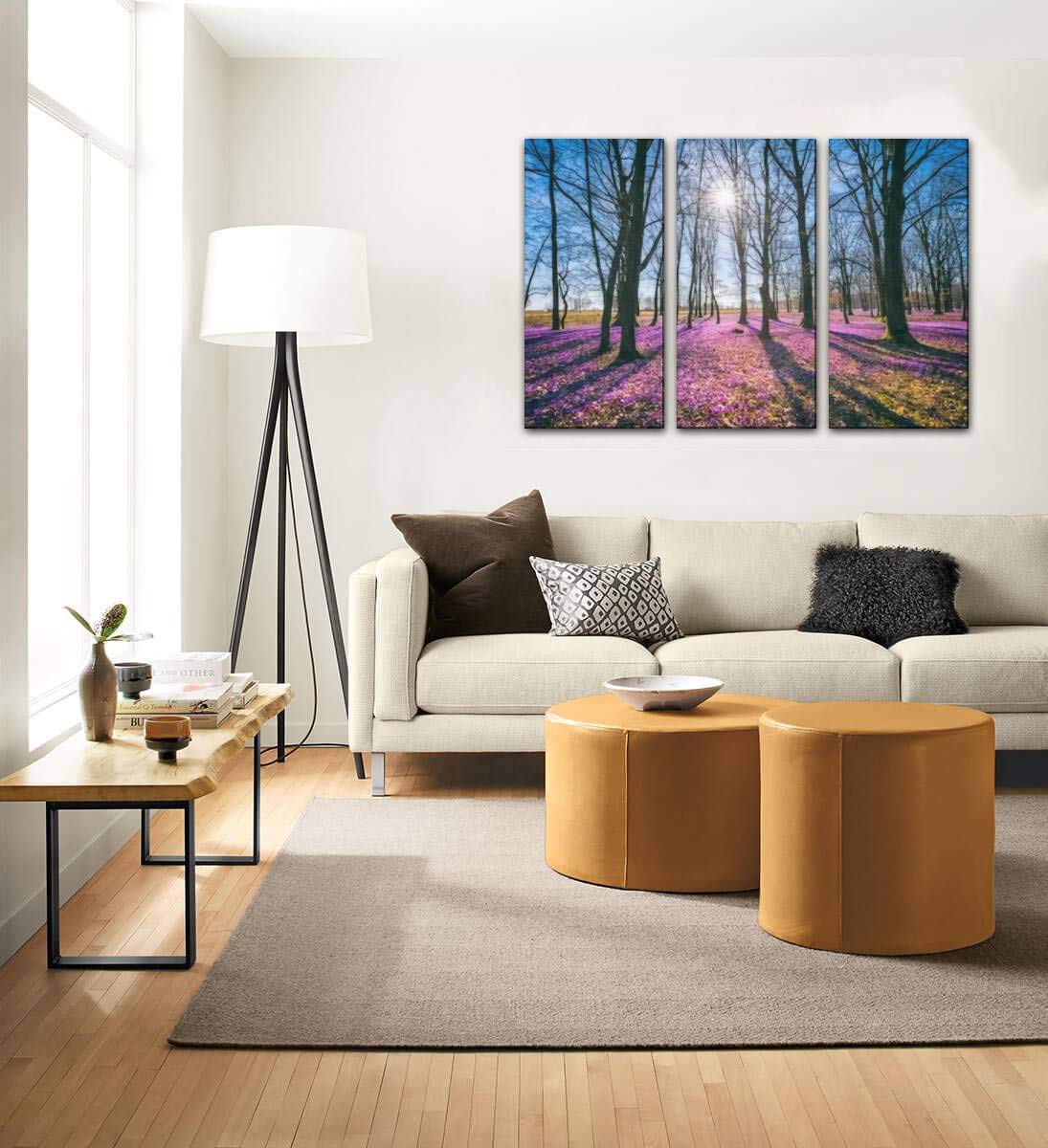 Sunny Flowering Forest with Wild Violet Crocus & Saffron Flowers Canvas Wall Art - 3 Panel Painting for Living Room & Bedroom Decor - Nature Inspired Home Wall Art - Perfect for Cozy Spaces & Modern Interiors