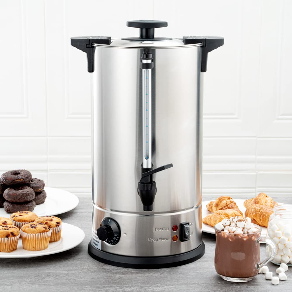 Restaurantware Restpresso 3 Gallon Commercial Coffee Dispenser - 120V/1000W Stainless Steel Hot Water Urn with Adjustable Thermostat & No-Drip Spigot - Large Double-Wall Coffee Maker for Cafes, Offices & Catering Events (Serves 67 Cups, Silver 13/0 Stainless Steel)