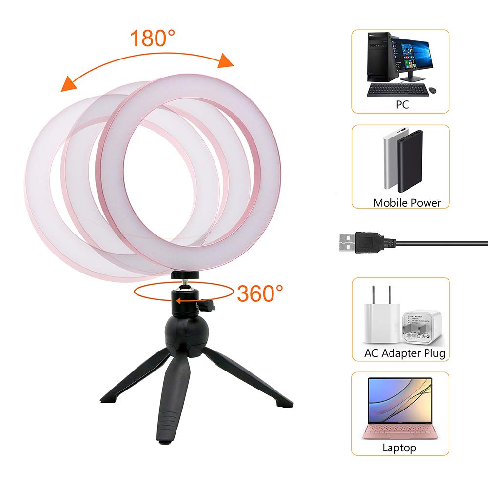 6 Inch Pink LED Ring Light with Tripod - USB Powered Desktop Fill Light for Camera Photography, Makeup, Live Streaming | Perfect for YouTube Videos, TikTok Content Creation & Beauty Selfies