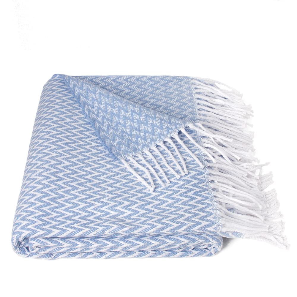 Soft Cotton Travel Blanket 55.1 x 78.7-inch - Cozy Couch Throw for Sofa, Warm & Breathable (White & Bright Blue) - Perfect for Airplane, Camping, Home & Office Use