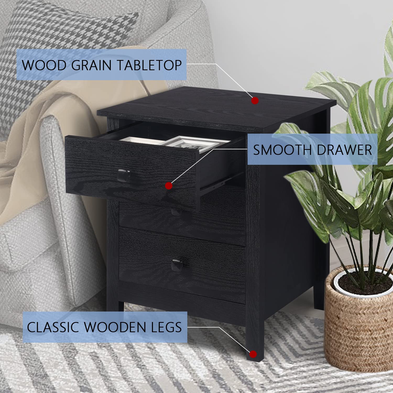 LTMEUTY Set of 2 Wood Nightstands with 3 Drawers - Modern Bedside Tables for Bedroom, Black Finish | Perfect for Small Spaces, Apartment Living & Guest Room Storage