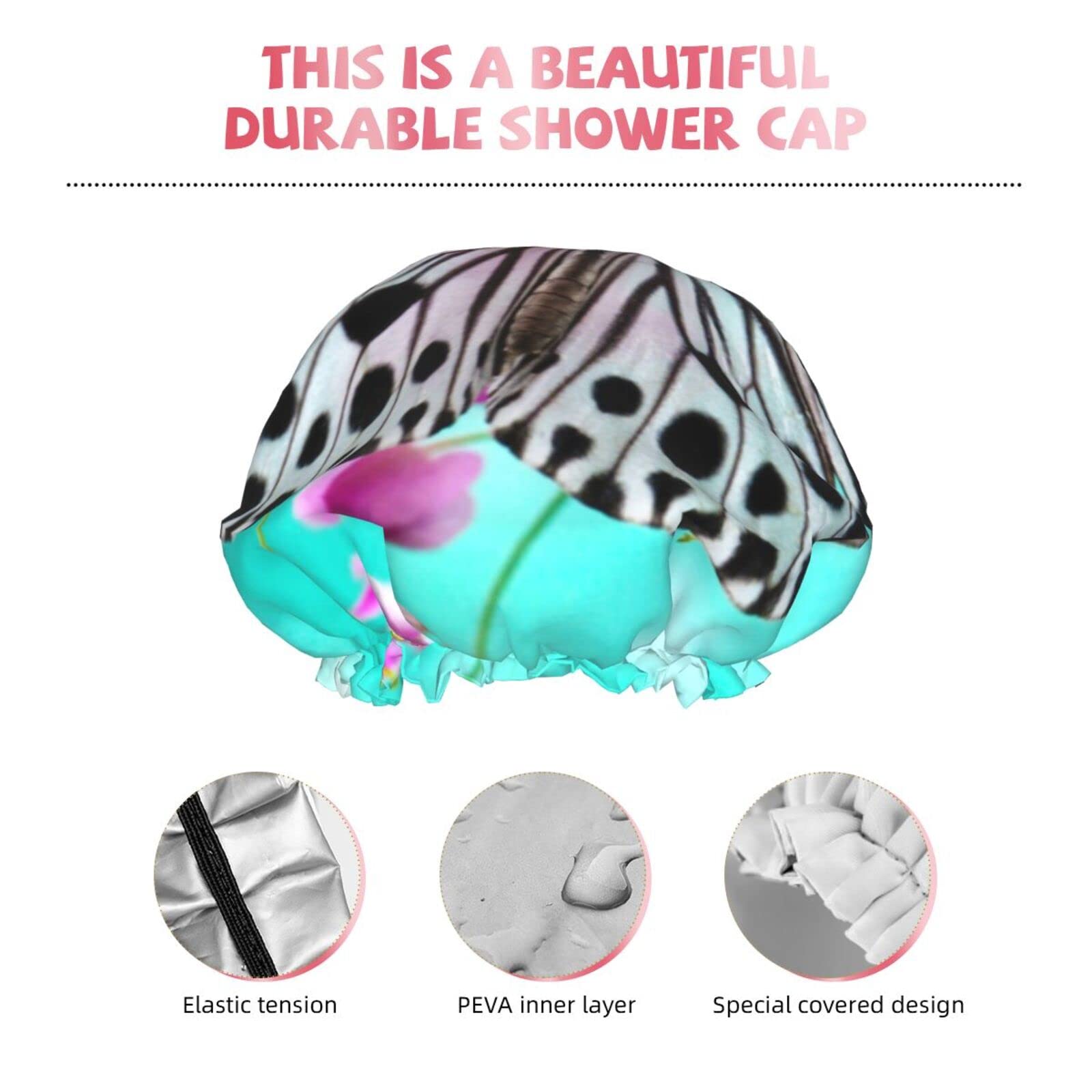 Waterproof Reusable Shower Cap for Women - Cute Butterfly Floral Design Bathing Hair Cap for Shower, Swimming & Spa (Pink)