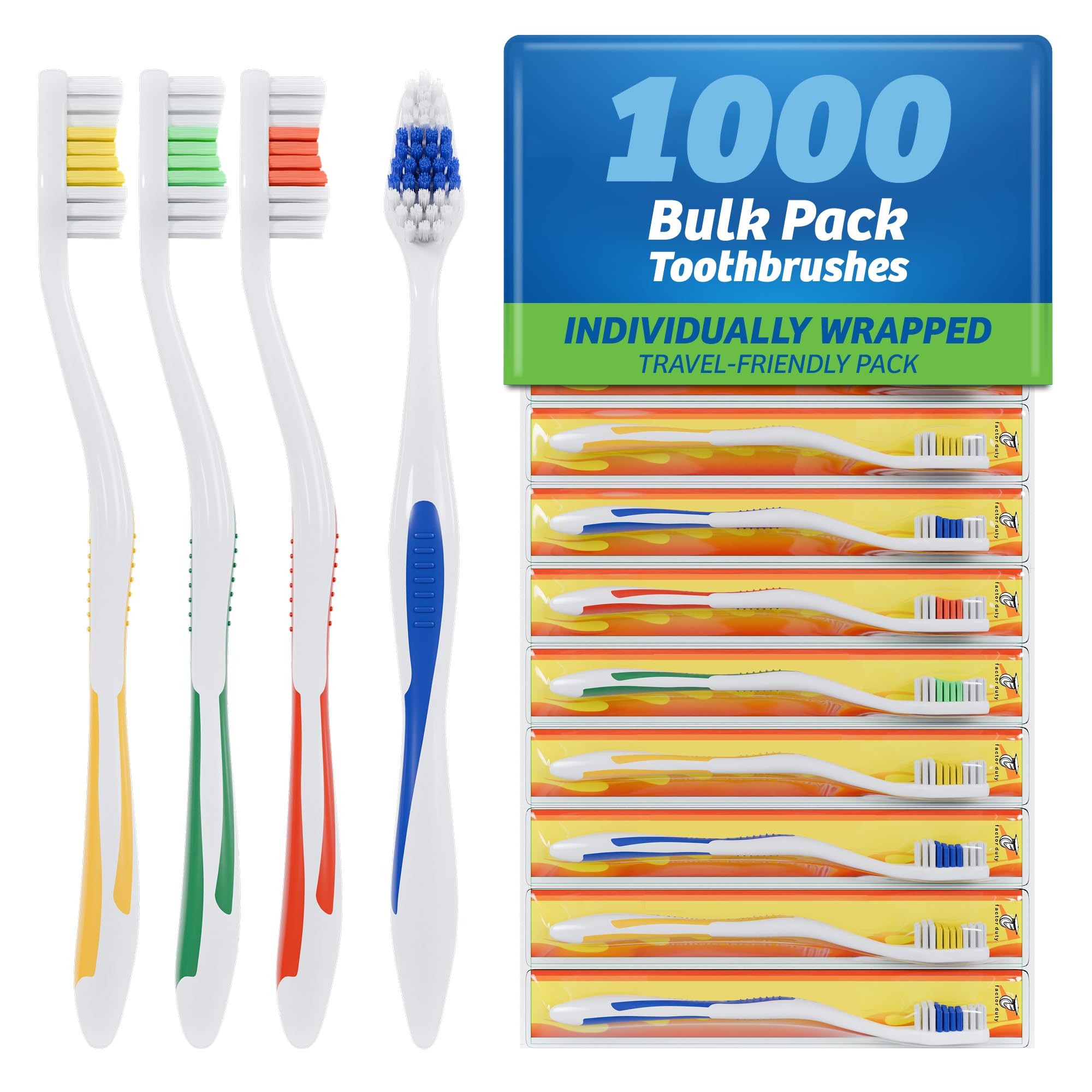 FactorDuty 1000 Pack Standard Classic Medium Soft Toothbrushes - Bulk Individually Wrapped for Home, Travel & Dental Offices | BPA-Free Oral Care Essentials