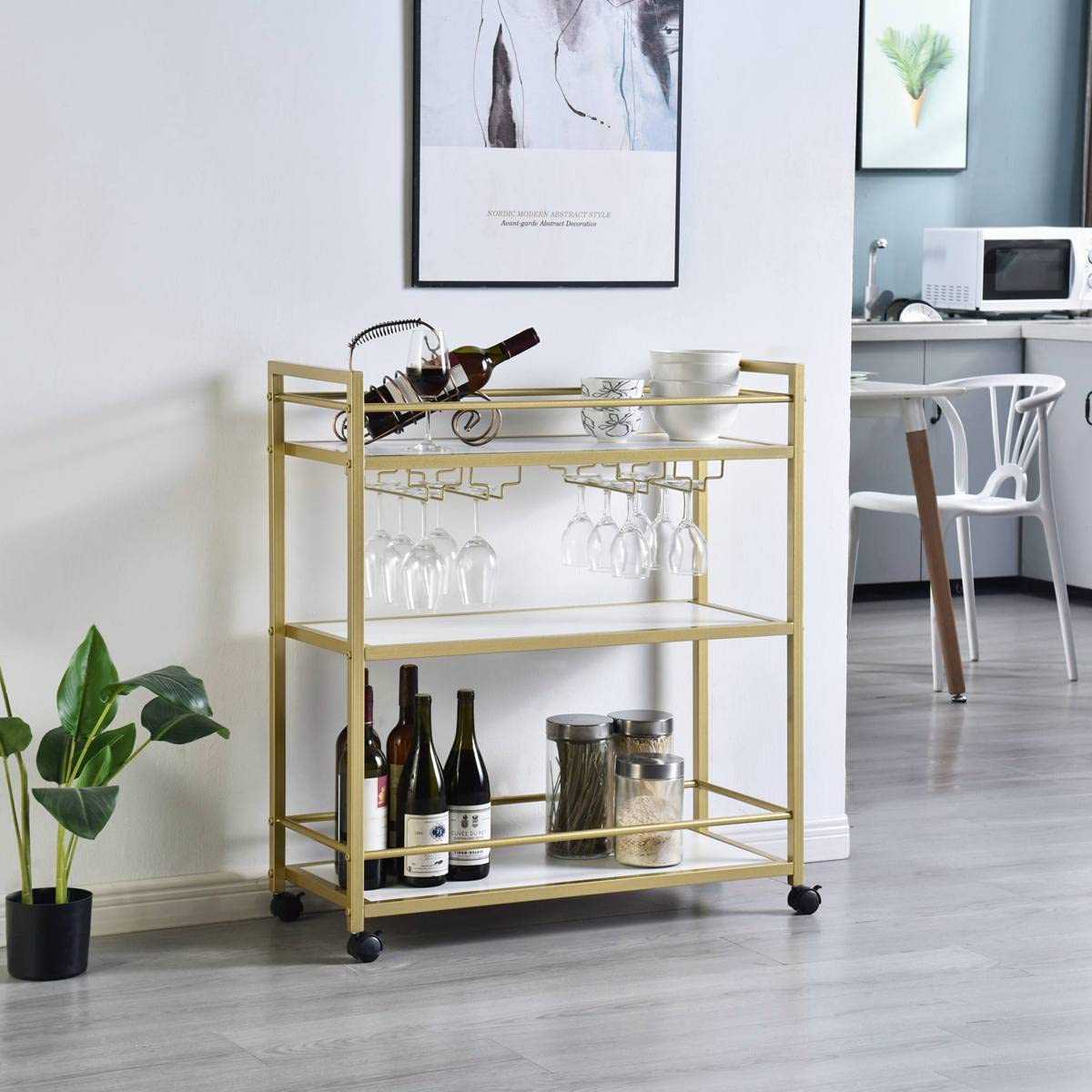Gold Bar Cart with 3 Shelves - Rolling Wine Glass & Bottle Storage Serving Cart for Kitchen, Living Room, Bar (31.5”W, White) - Perfect for Home Entertaining, Parties & Small Space Storage