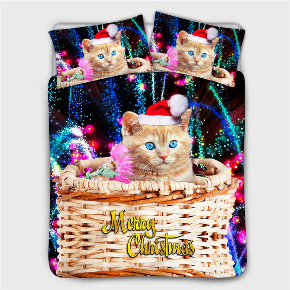 Blue Eyed Cat in Christmas Basket 3-Piece Duvet Cover Set - 3D Printed King Size Bedding with Pillowcases | Holiday Home Decor for Kids' Room & Cozy Winter Bedroom