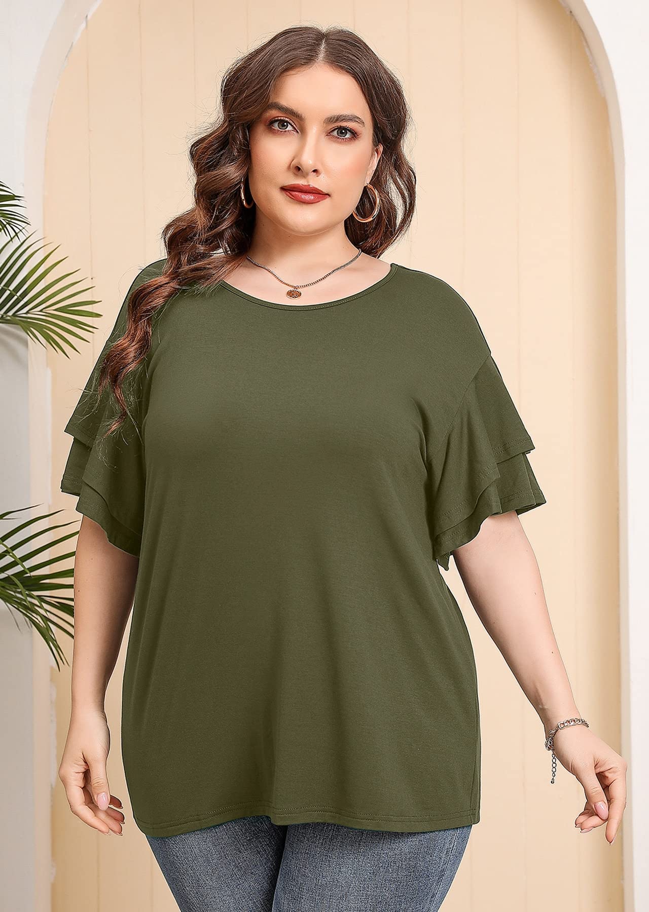 Plus Size Tunic Tops for Women - Double Ruffle Short Sleeve Loose Fit Flowy Shirt | Summer Casual Wear & Vacation Outfit