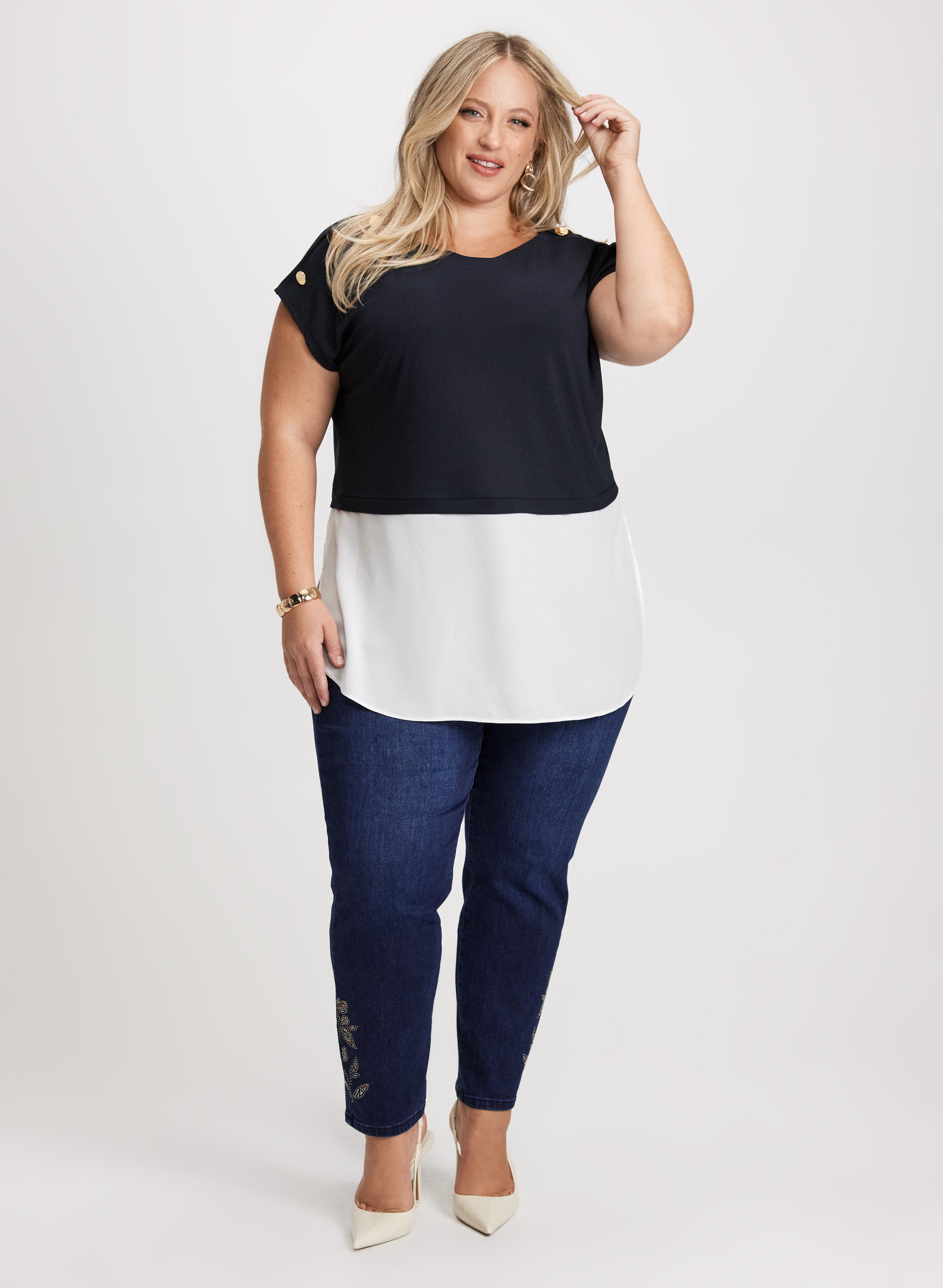 Stylish Color Block Top & Embellished Hem Jeans for Women - Trendy Casual Outfit for Date Night, Shopping & Weekend Wear