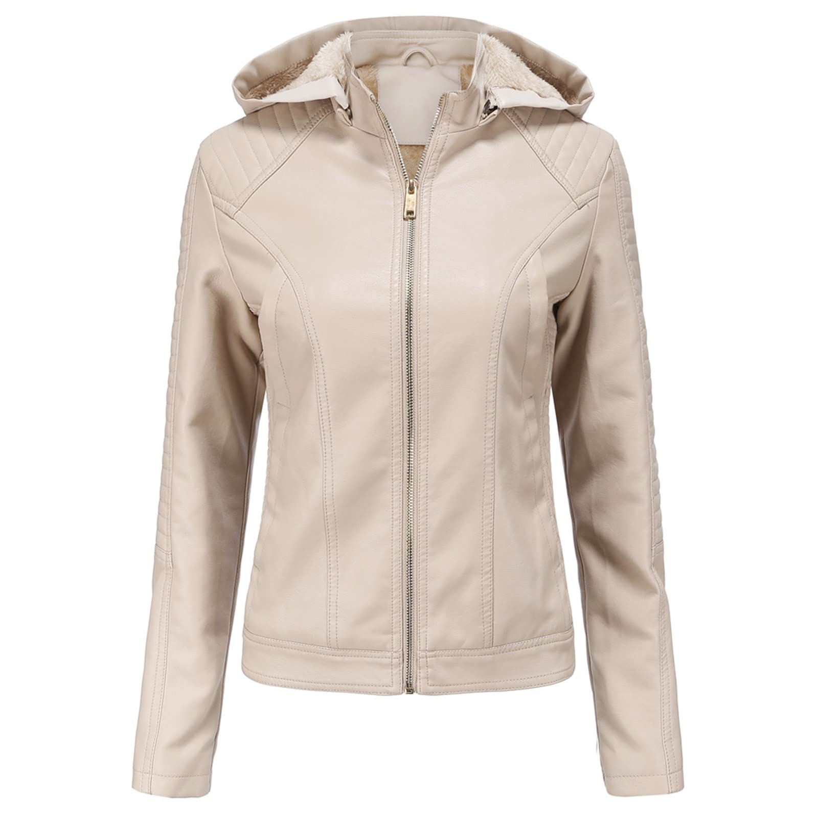 Stylish Women's Faux Leather Biker Jacket - Winter Moto Coat with Removable Hood & Full Zip Closure (Plus Size Available) | Perfect for Casual Outings, Motorcycle Rides & Cold Weather Fashion