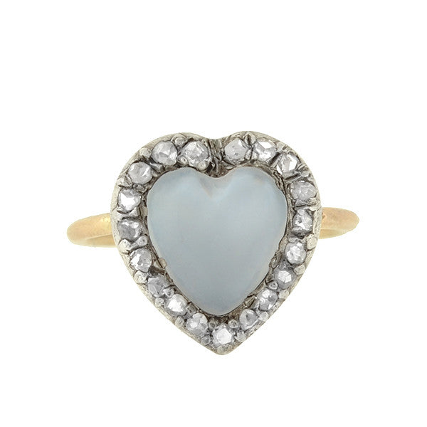 14k Gold & Sterling Silver Art Nouveau Moonstone Diamond Heart Ring - Elegant Vintage Jewelry for Women, Perfect for Weddings, Anniversaries & Romantic Gifts