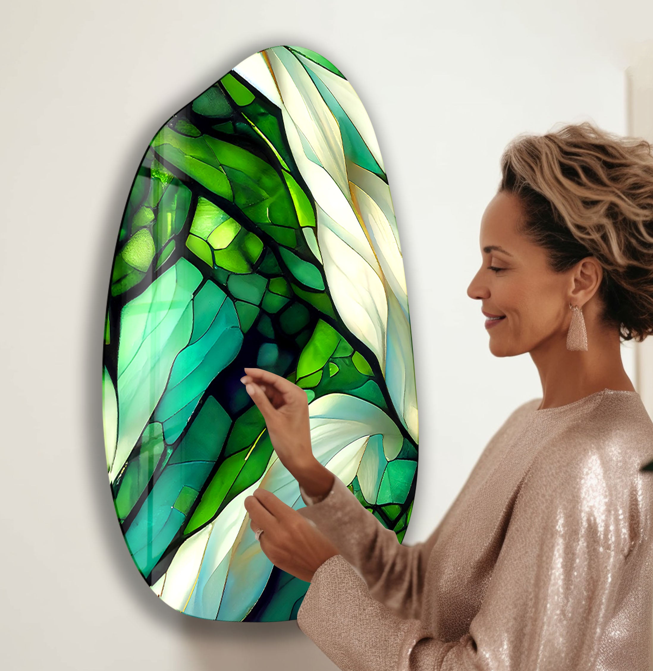 Abstract Green Stained Irregular Glass Wall Art - Modern Handmade Home Decor for Living Room, Bedroom & Office - Unique Contemporary Art Piece for Interior Design & Housewarming Gifts