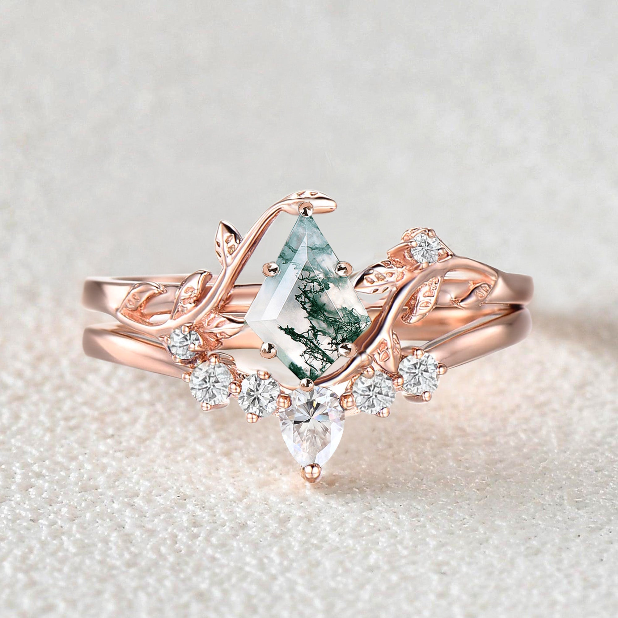 Nature Inspired Unique Kite Cut Moss Agate Leafy Ring, Necklace & Earrings Set 5PCS - Willow Jewelry Set for Women, Bohemian Style Jewelry for Outdoor Festivals, Beach Parties & Everyday Wear