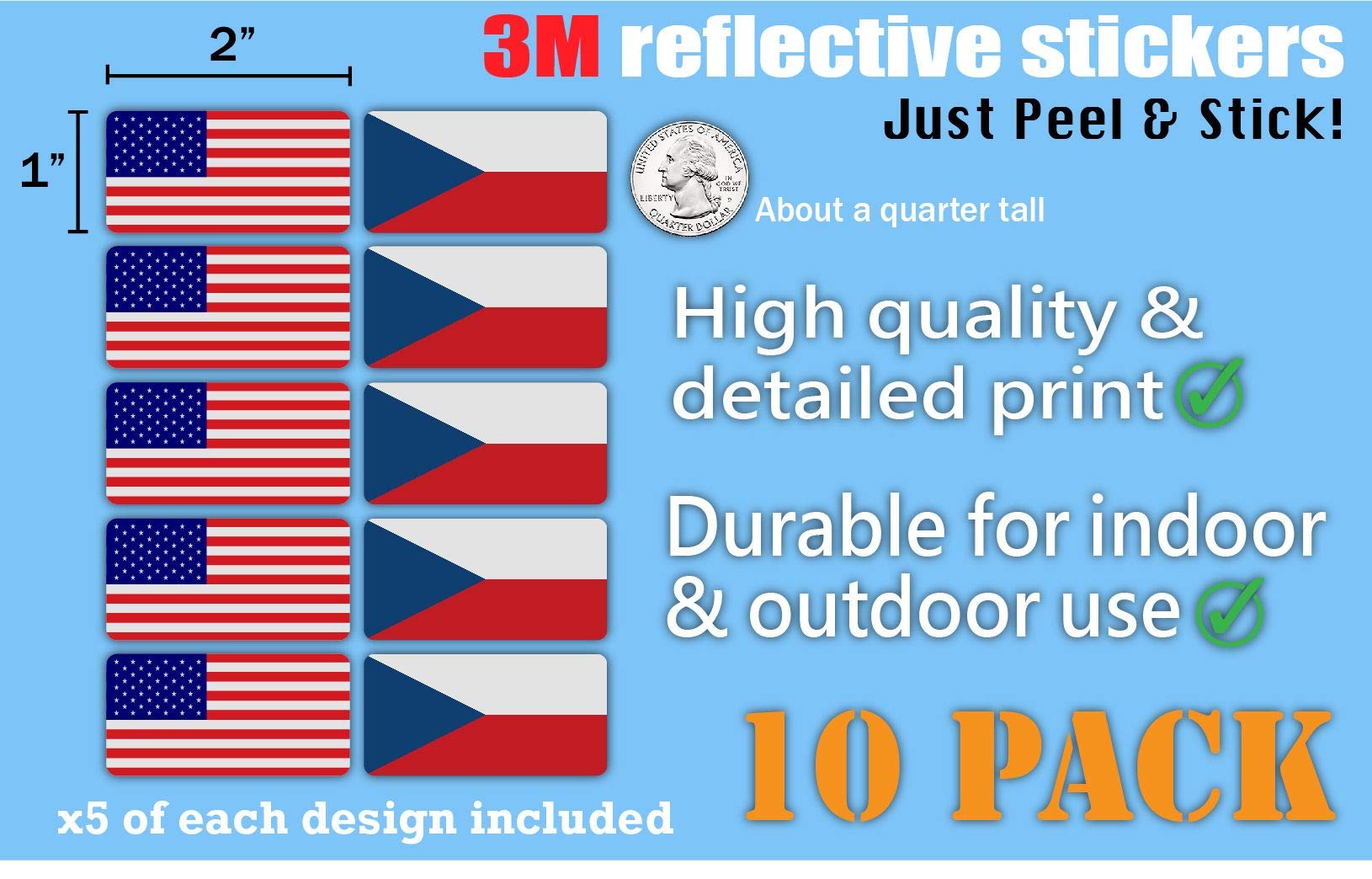 (x10) 3M Reflective Czechia and US Flag Stickers - High Visibility Safety Decals for Hard Hats, Laptops, Bikes & Toolboxes | Perfect for Night Safety, Work Gear Identification & Patriotic Decor