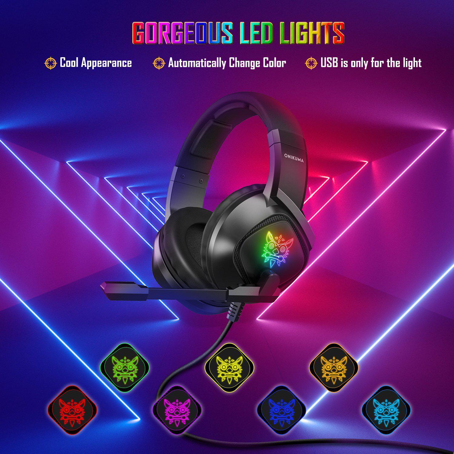 ONIKUMA K19 Professional Gaming Headset with RGB LED Lights - Noise Cancelling Mic, Comfortable Ear Cushions for PC, PS4, Xbox - Perfect for FPS Games & Late Night Gaming Sessions