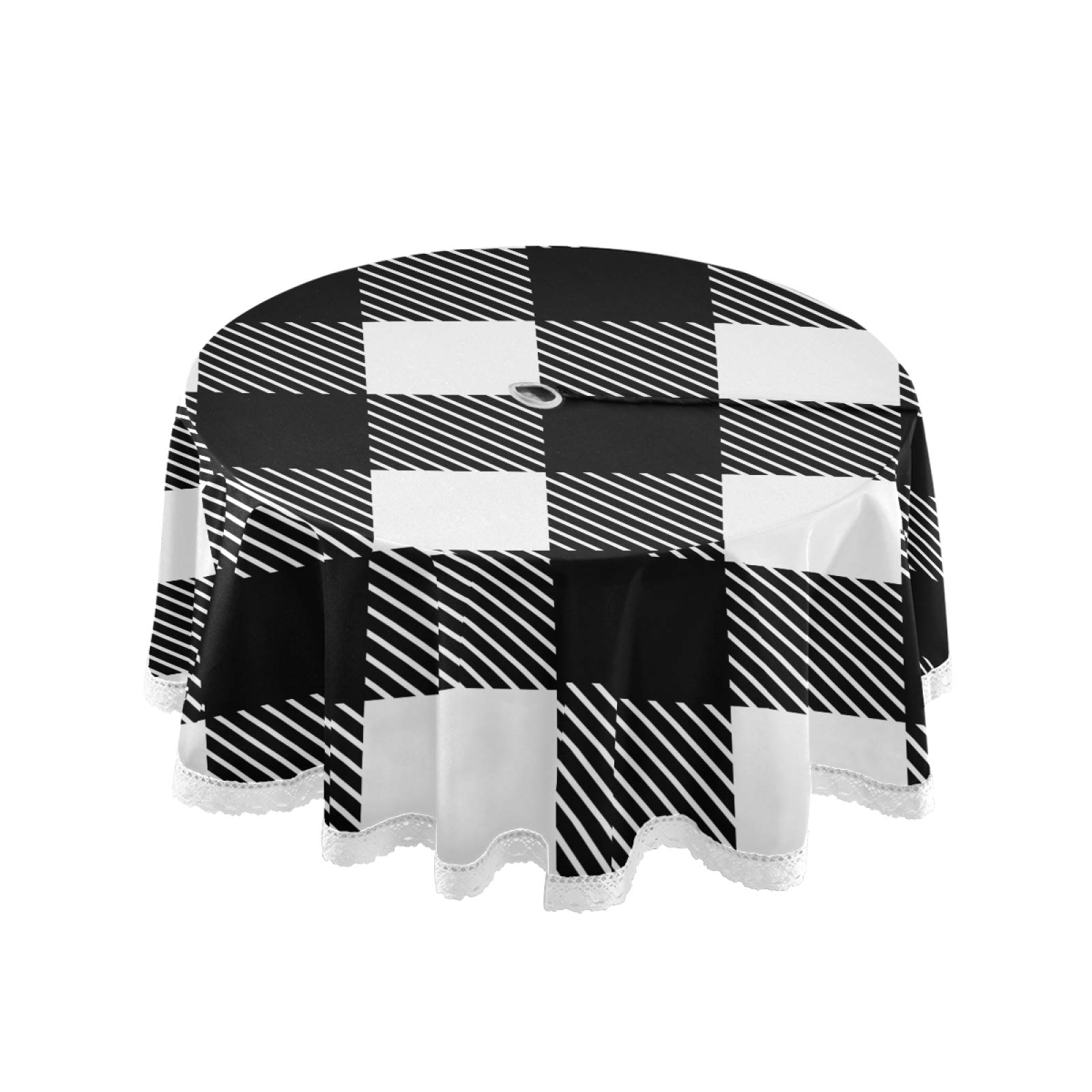 Qilmy White Black Buffalo Plaid Round Tablecloth with Umbrella Hole & Zipper - Waterproof Spill-Proof Polyester Outdoor Table Cover for Kitchen, Patio, Garden, Party & Picnic Decor - Perfect for BBQs, Outdoor Dining, and Holiday Gatherings