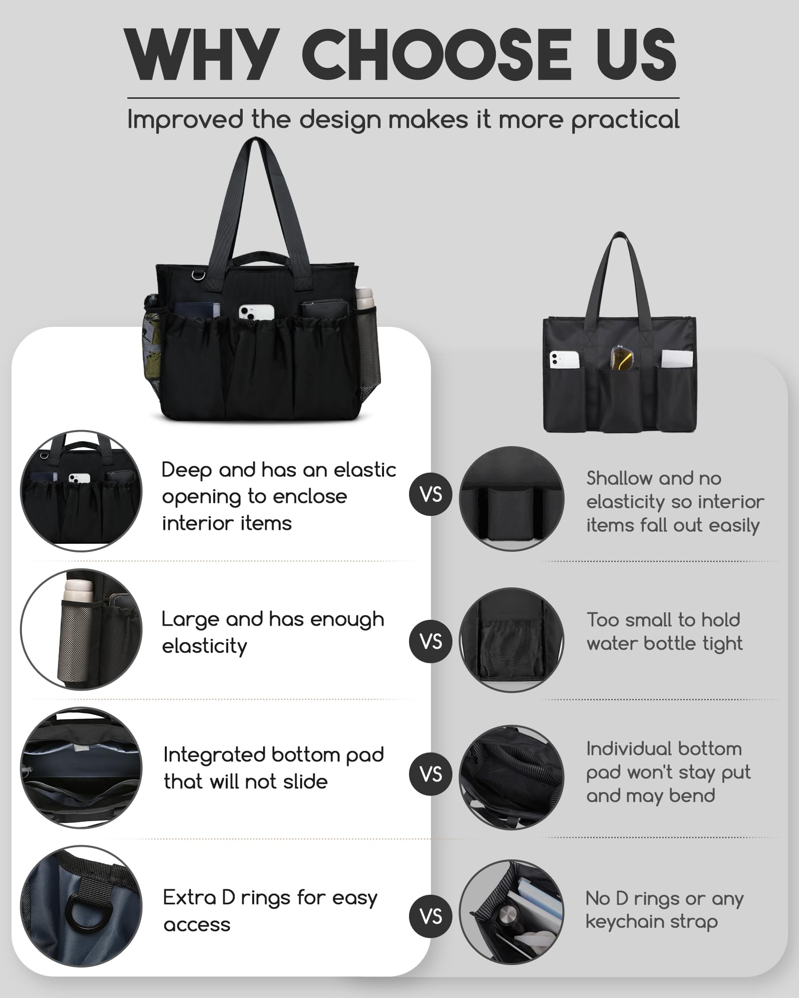 Large Black Utility Tote Bag for Women with Multiple Pockets & Zipper Compartments - Perfect for Work, School, Travel & Everyday Use - Includes Water Bottle Pocket - Great Gift Idea for Women