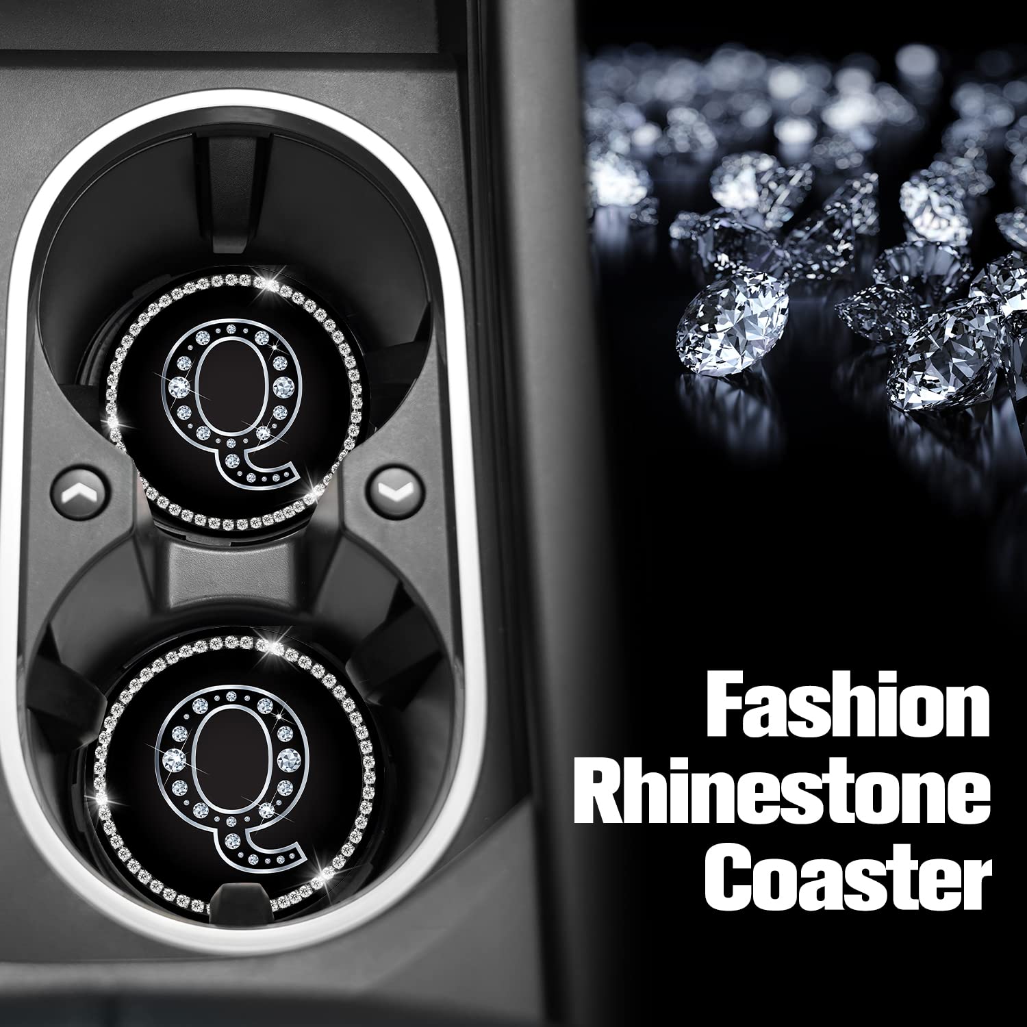 Jupswan 2-Pack Bling Crystal Rhinestone Silicone Car Cup Holder Coaster - Letter Q Initial Design for Women & Men | Automotive Accessories & Decor | Perfect for Road Trips, Commuting & Gift Giving
