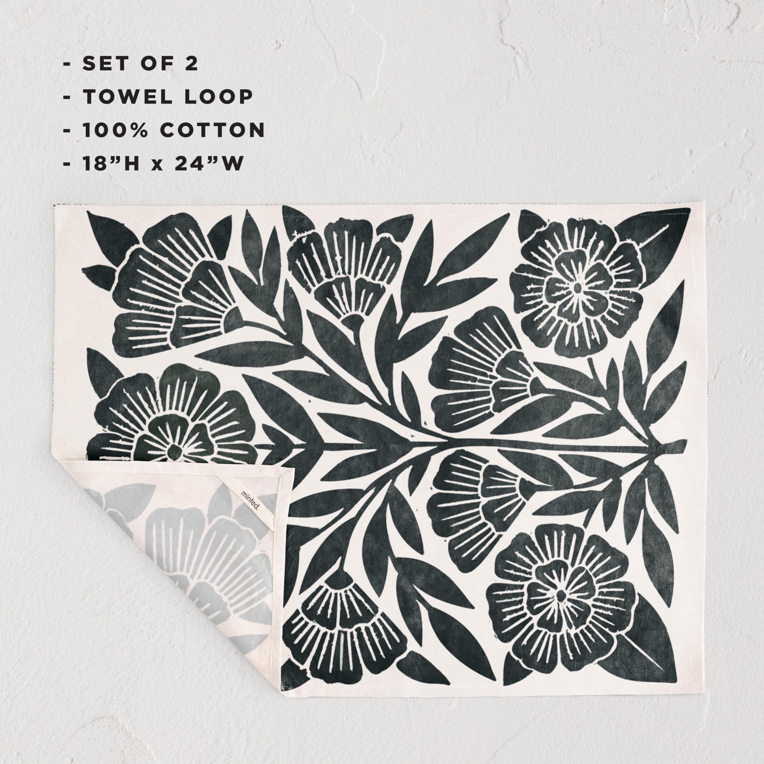 Premium Cotton Block Print Floral Tea Towel Set of 2 - Absorbent Kitchen Towels with Unique Designs & Hanging Loop - Perfect for Drying Dishes, Decorating Kitchen, and Hosting Tea Parties